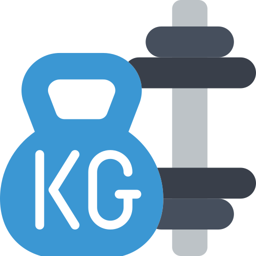 Blue kettlebell with white city initials and a dumbbell in the background.