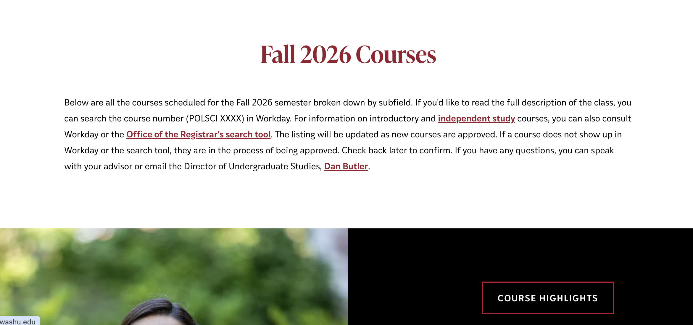 New webpage featuring a list of all Fall 2026 courses