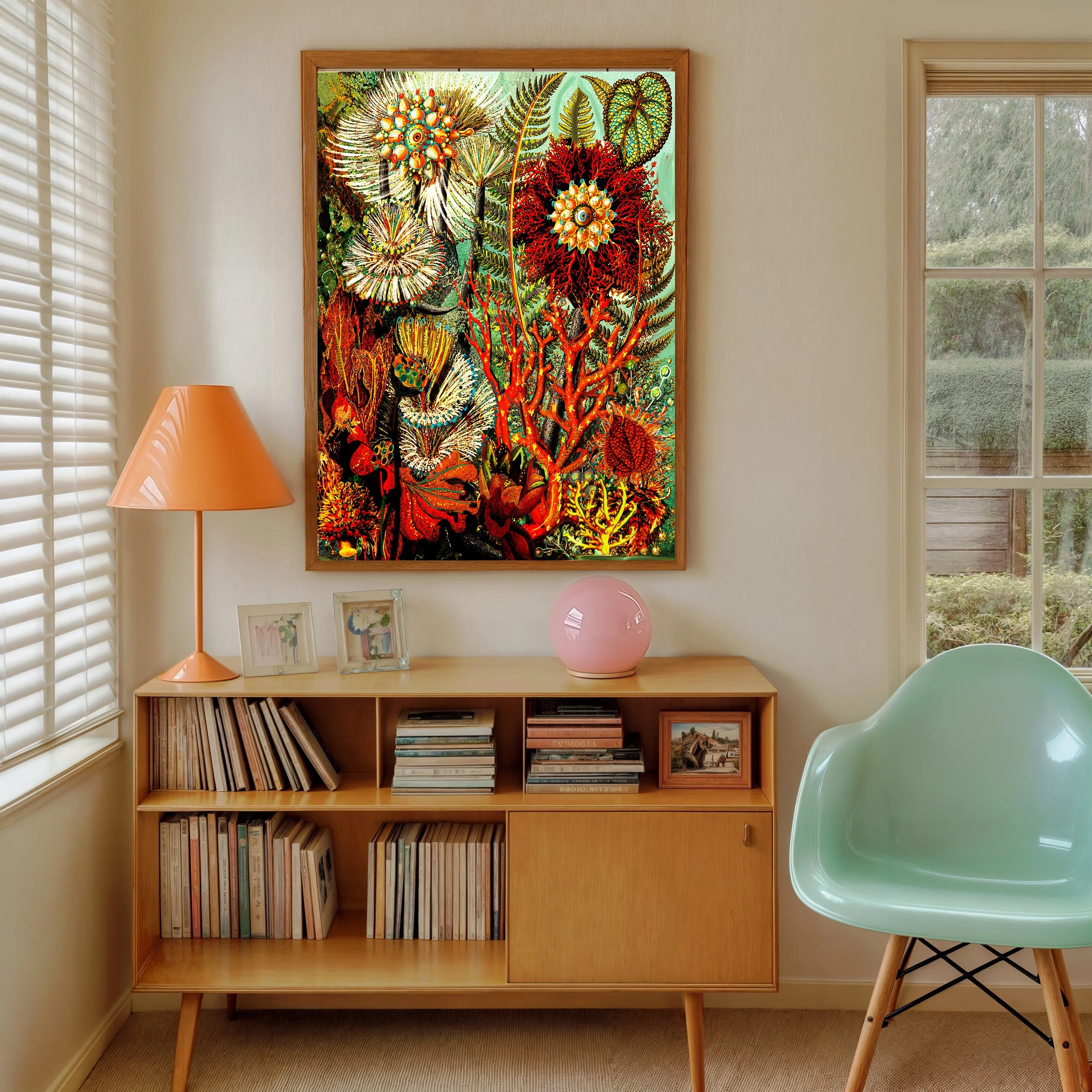 contemporary-oceanic-organic-artwork - Large-scale contemporary botanical fine art print displayed in a pastel mid-century inspired reading corner.
