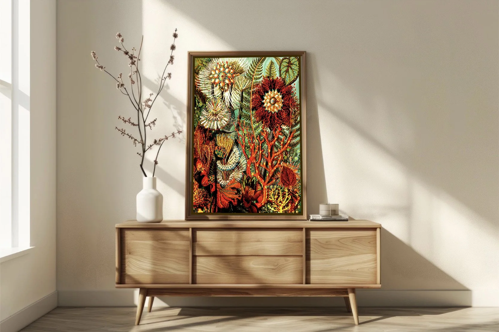 Modern organic statement artwork featuring coral reds, fern structures, and surreal botanical textures.