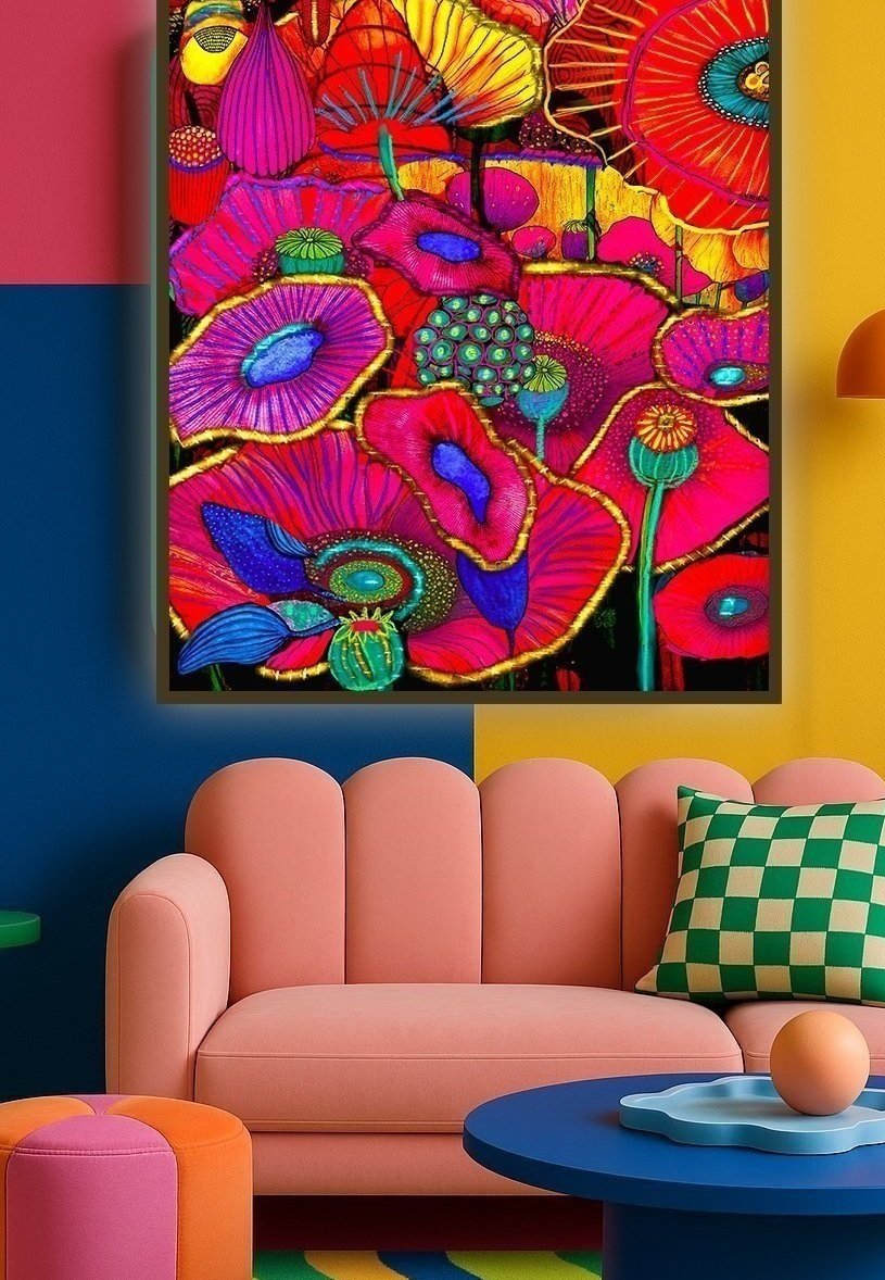 Electric bloom print in neon-inspired room