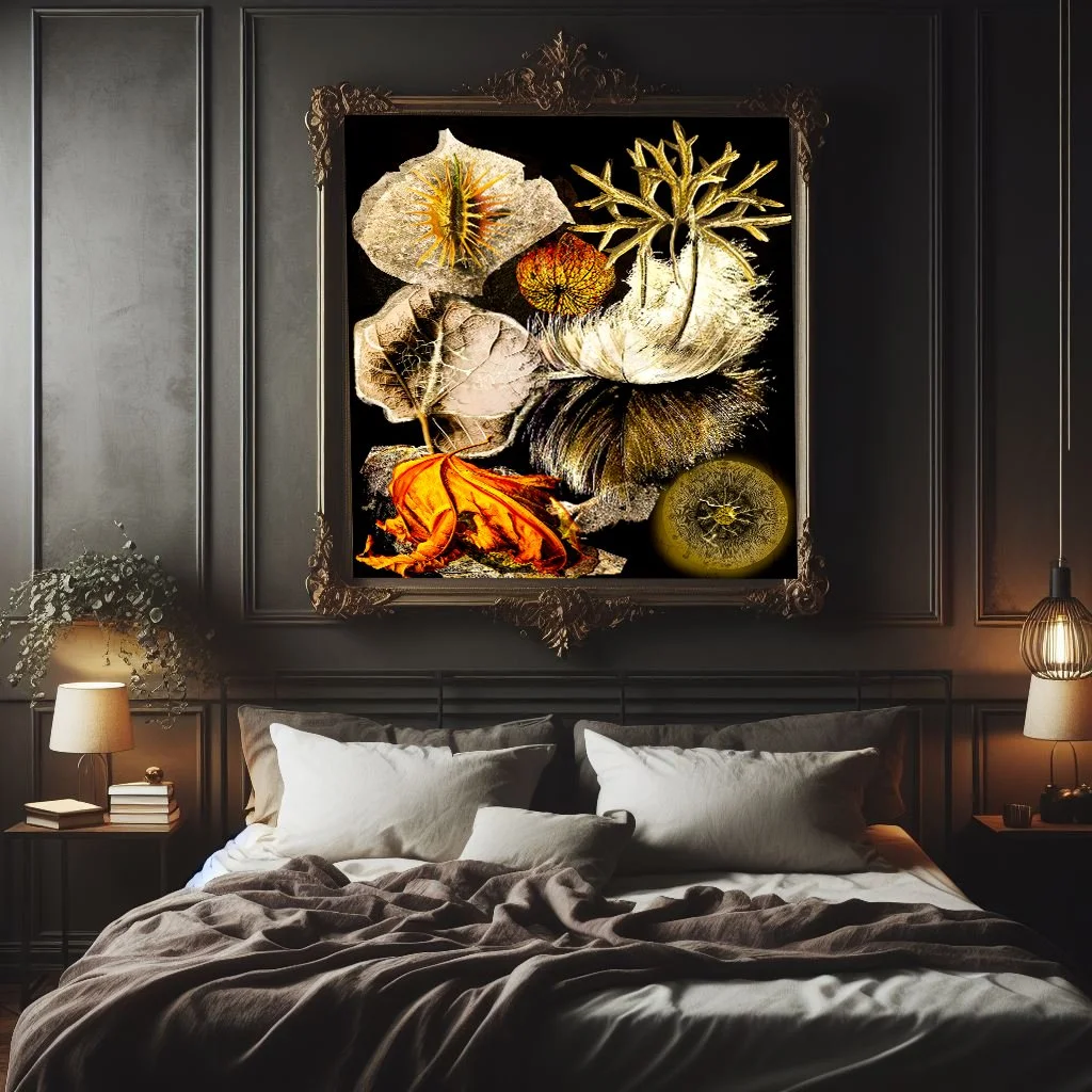 dark botanical wall art renaissance inspired floral, moody bedroom wall decor