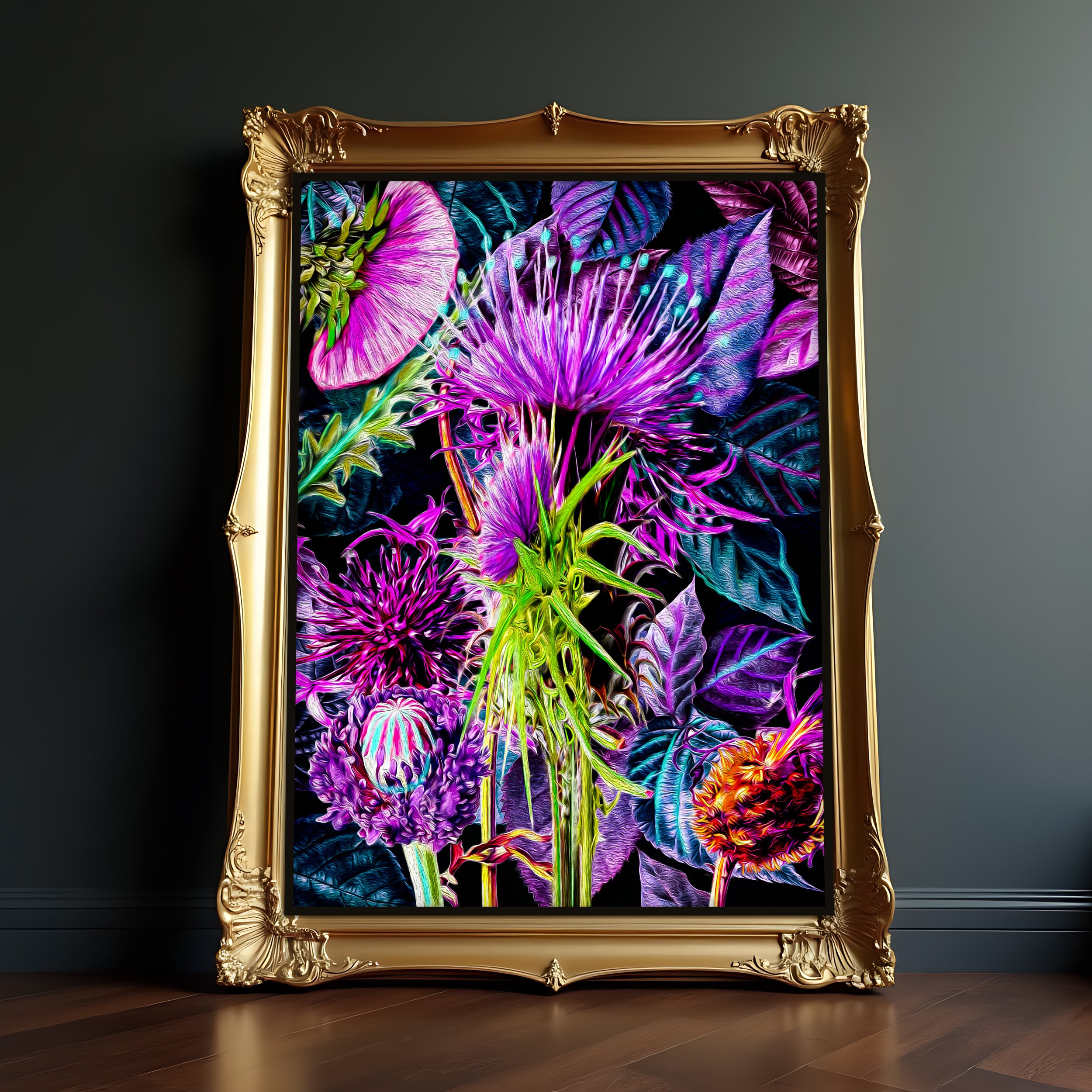 vibrant purple flowers on black background art poster
