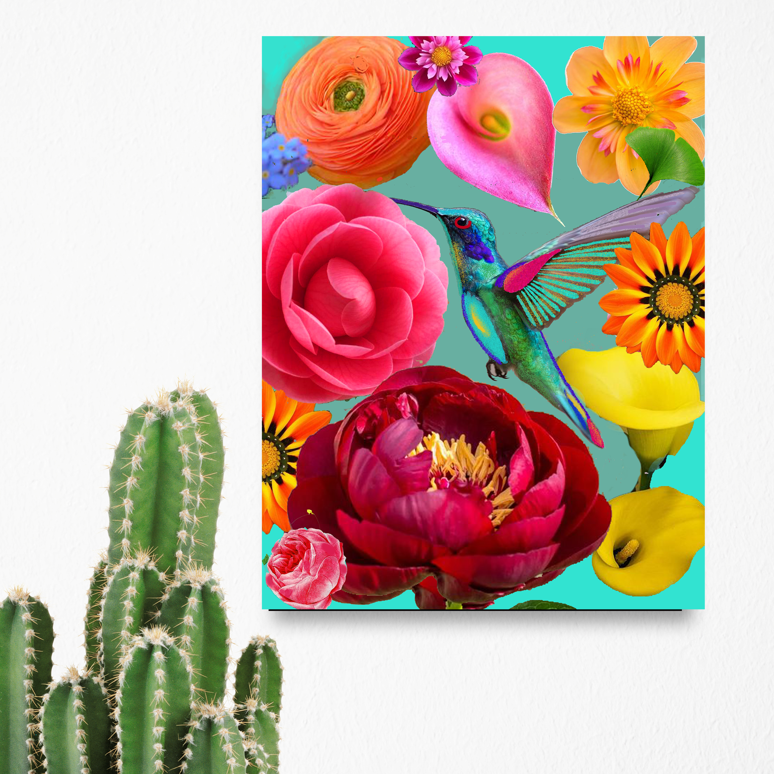 9x12 tropical art print / vibrant hummingbirds and flowers art print for wall decor