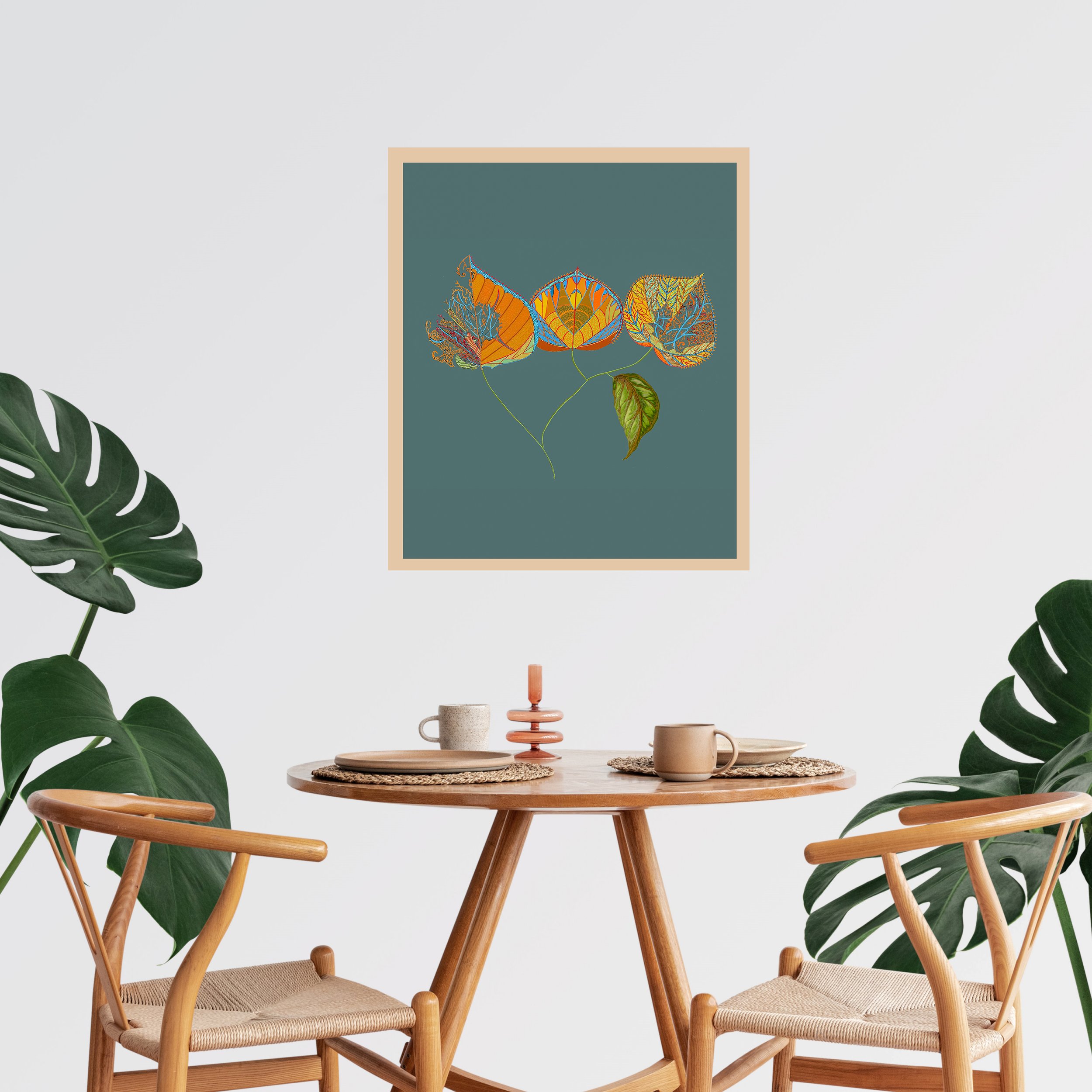 teal and orange abstract leaves art print