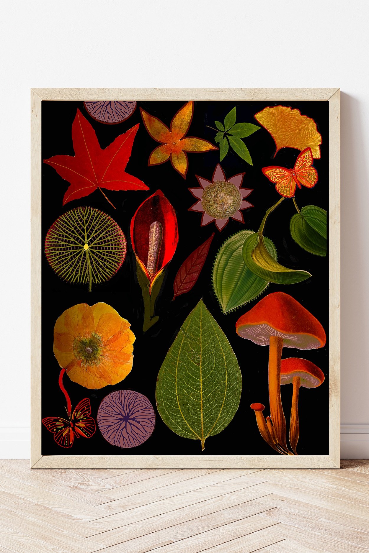 forest collage art print of mushrooms leaves and flowers on black background