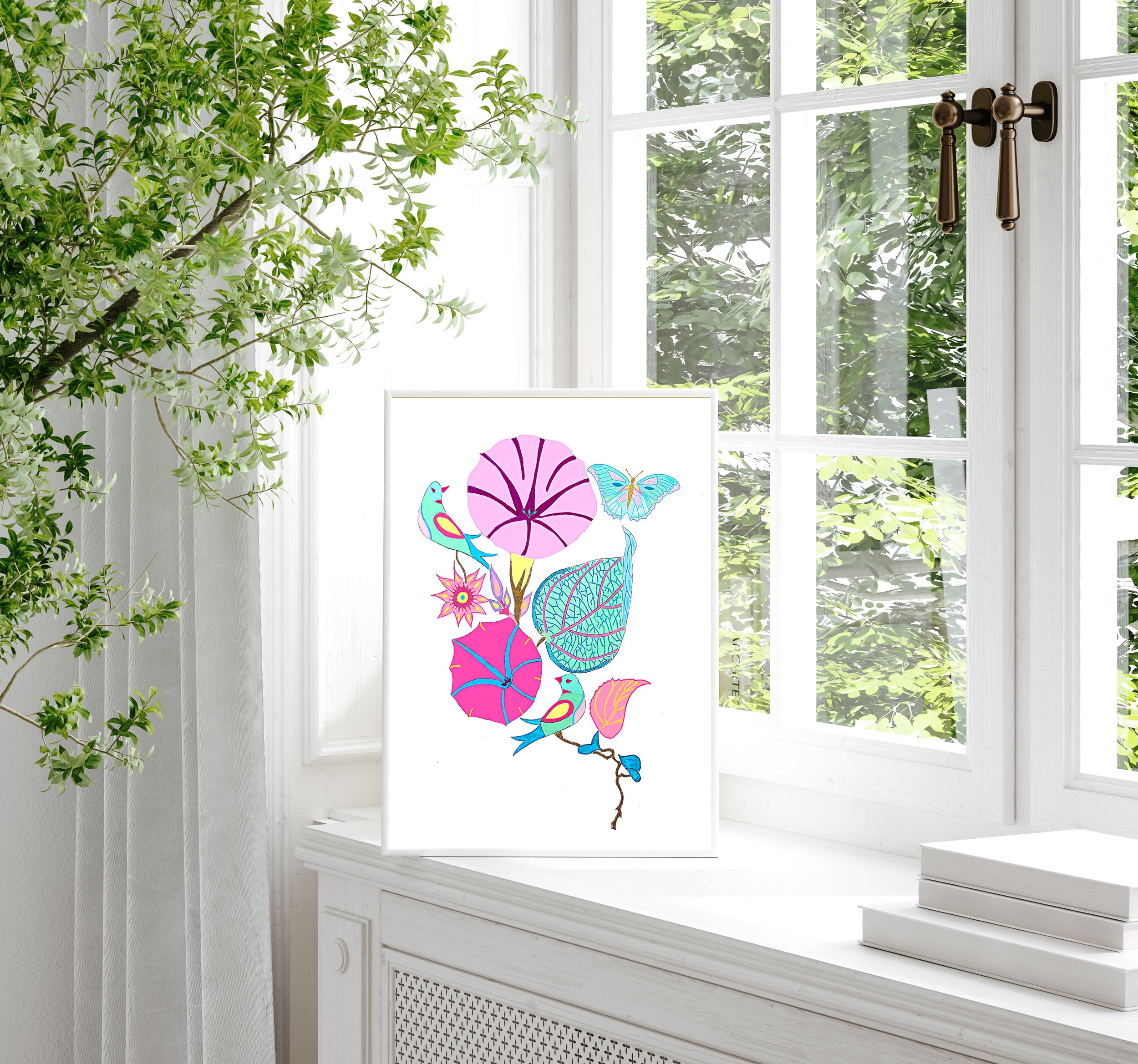 hot pink floral wall art prints, neon floral artwork