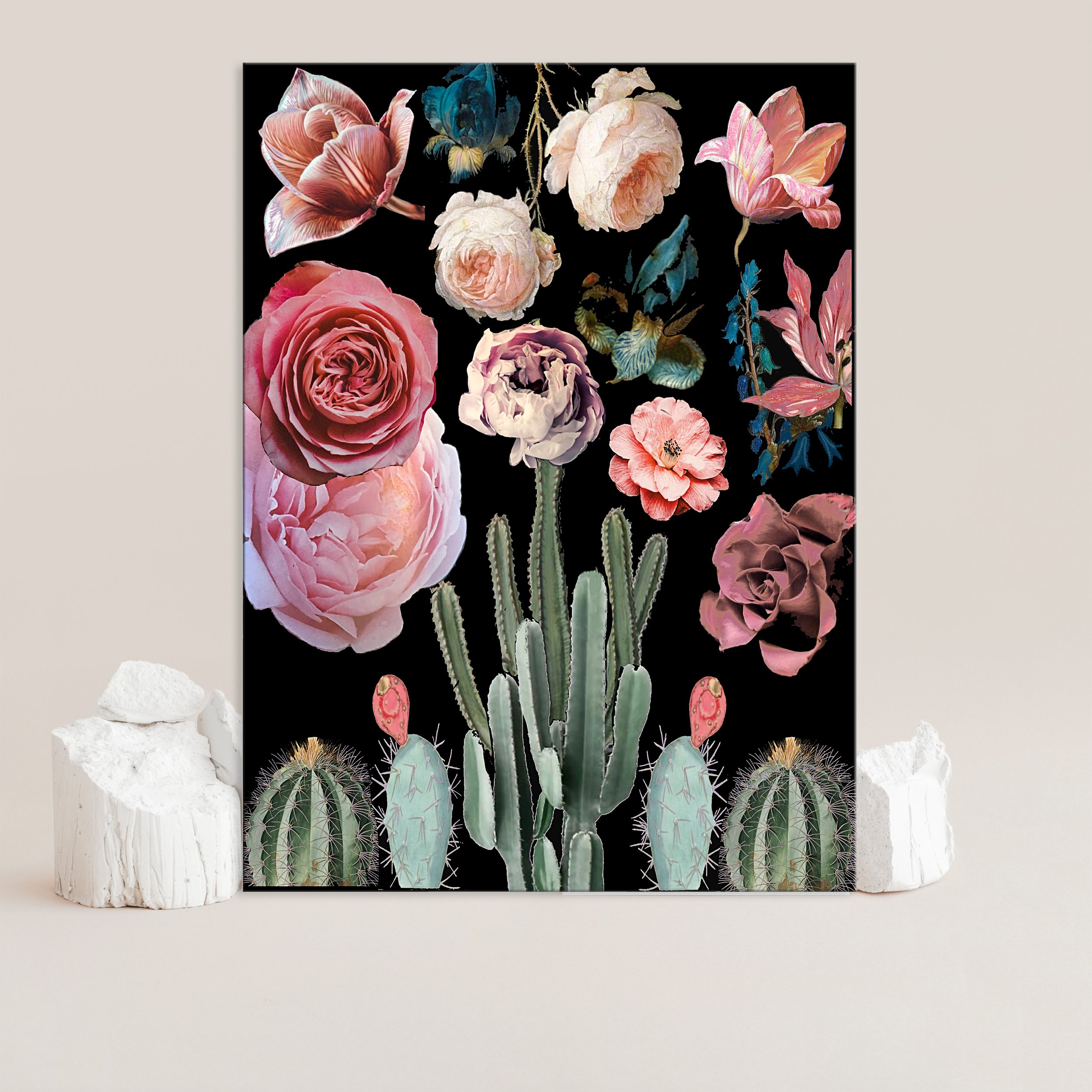 cubicle decor, floral with cactus art in pink and black