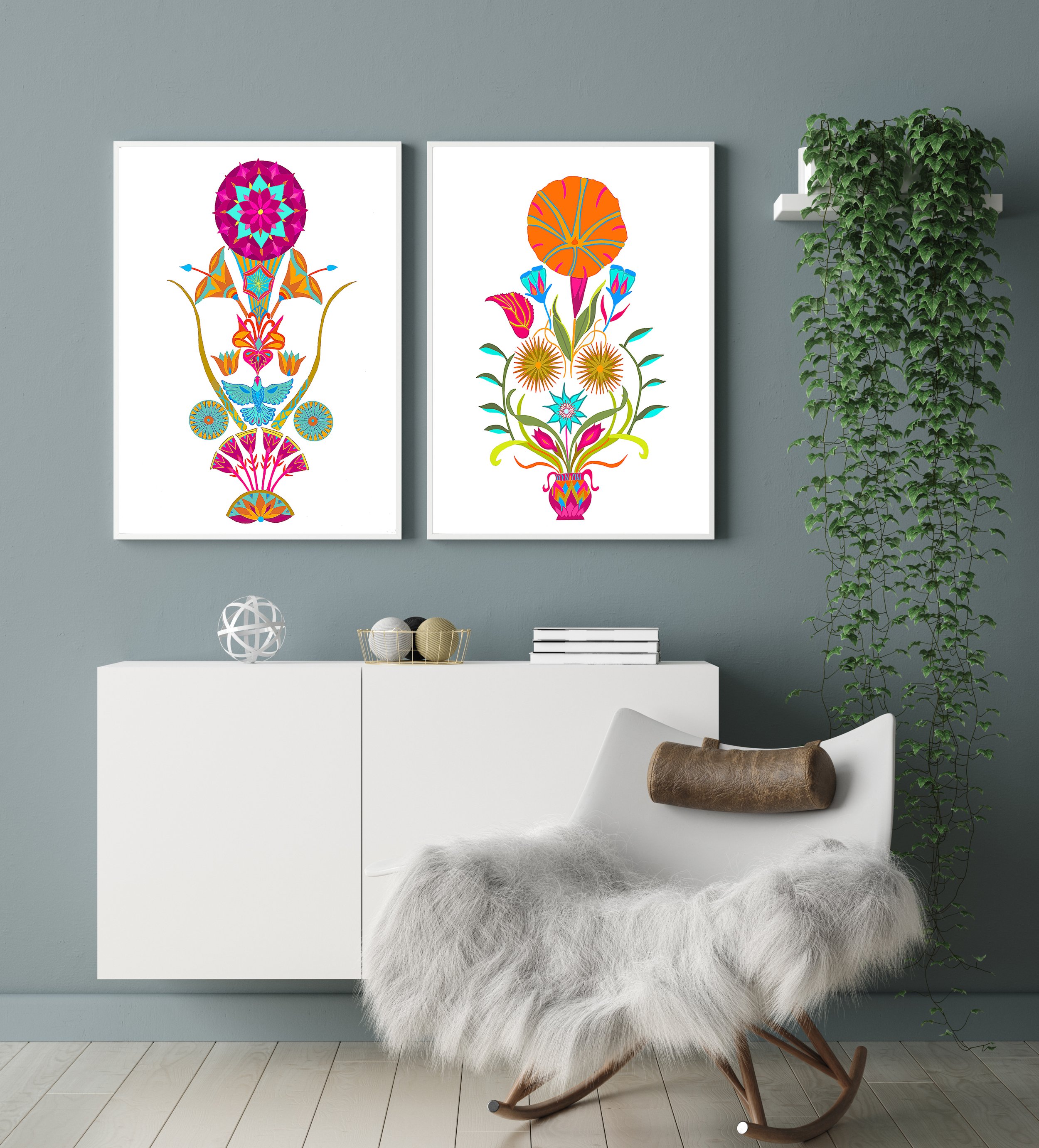 neon colours modern folk art print set, polish folk art set of 2 posters