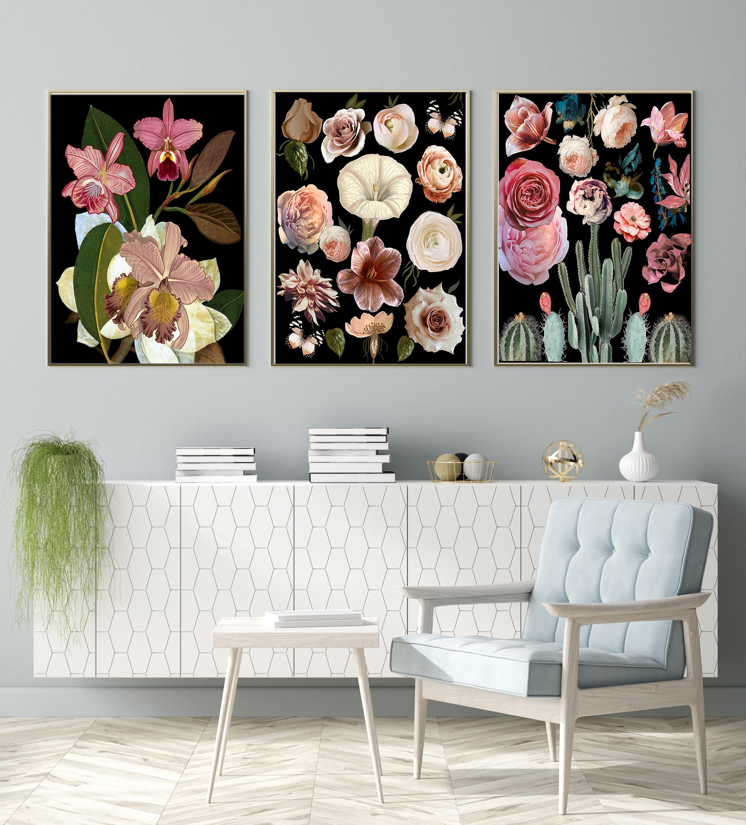dark botanical floral art prints matching set of 3, 3 set moody botanical art