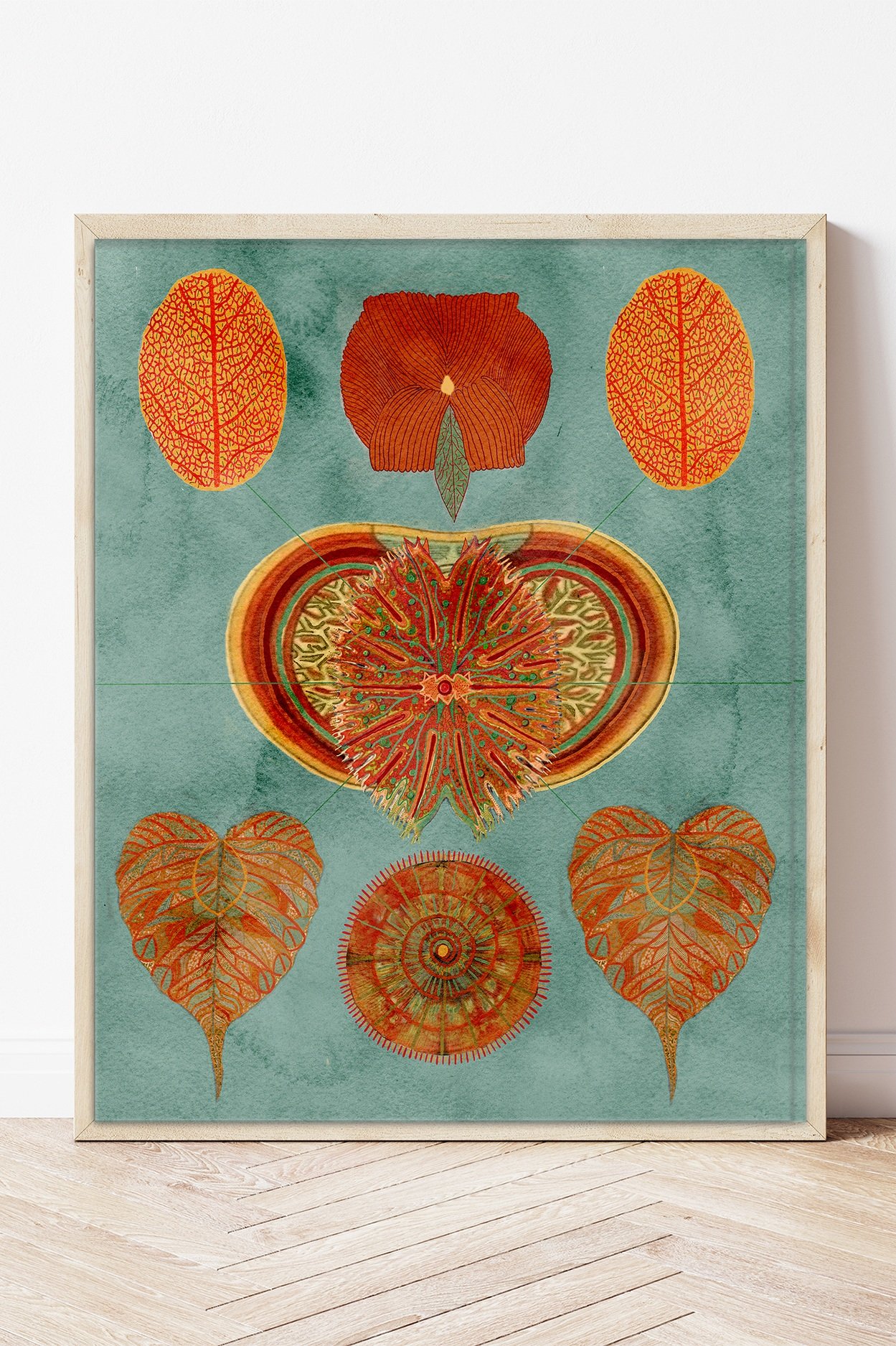 geometric mid century art print poster, symmetry in art poster design, image of a leaf
