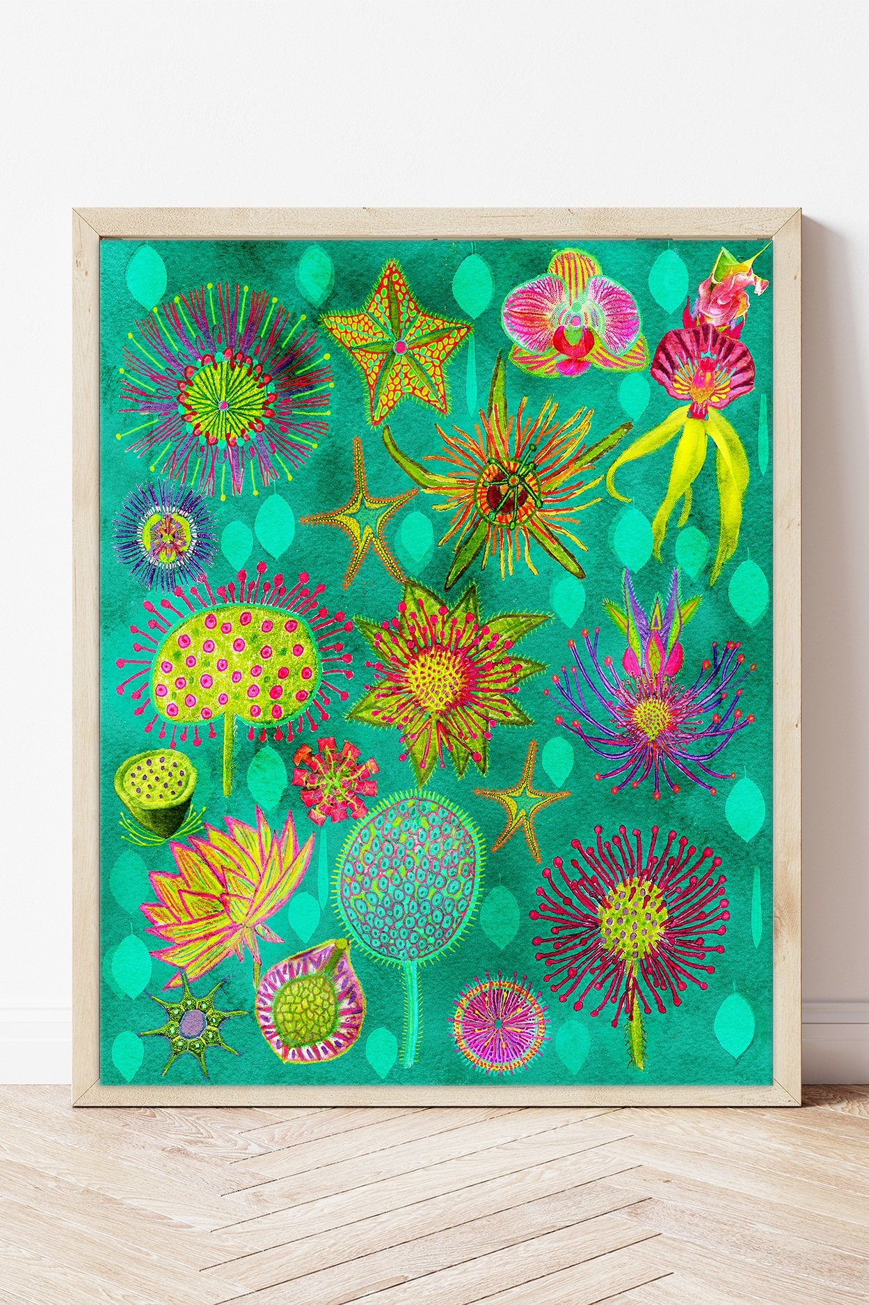 bright colorful modern botanical art print for sale, beautiful, vibrant abstract floral poster