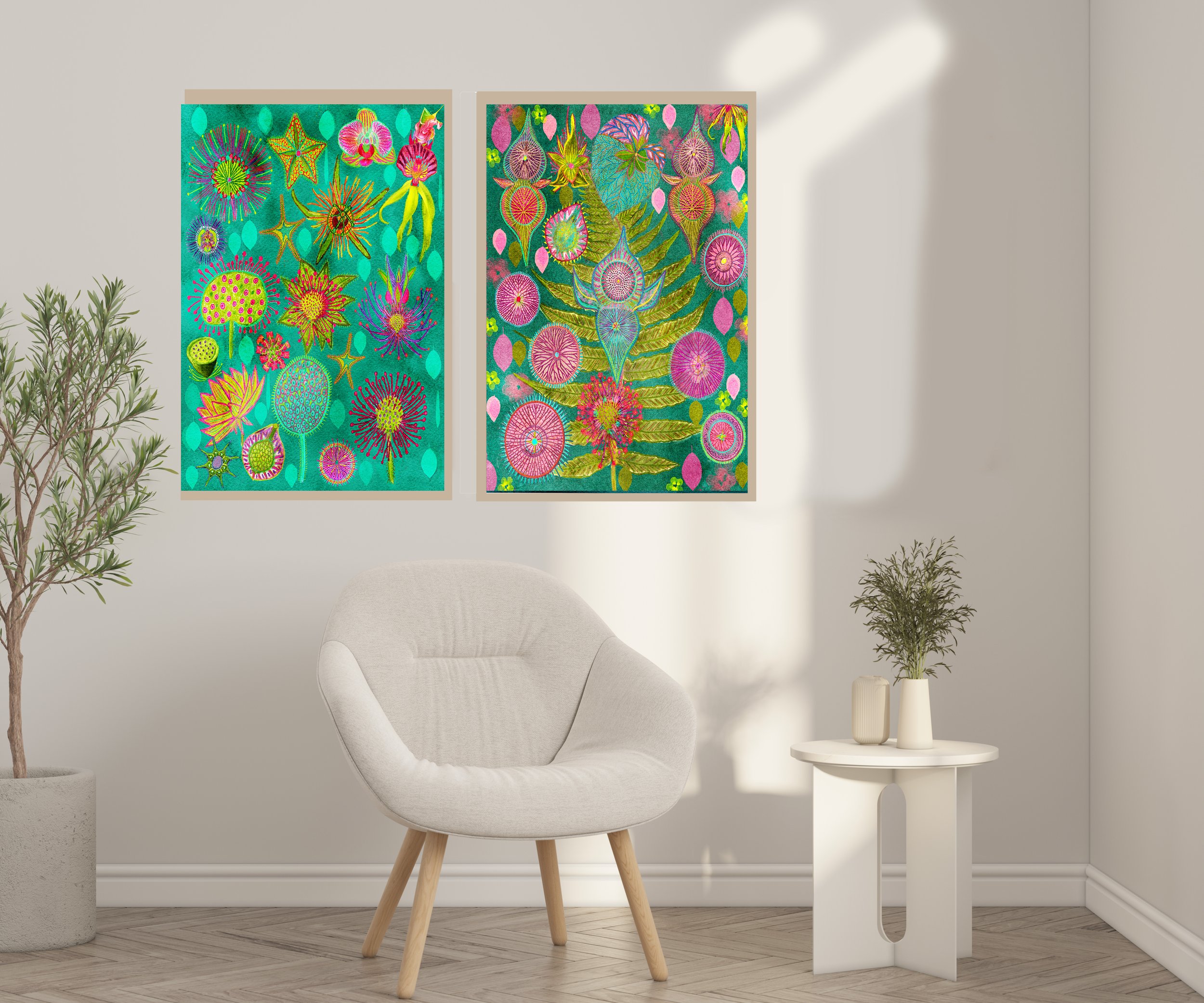 colorful modern botanical set of 2 prints, abstract nature posters 2 set, 2 matching abstract nature prints