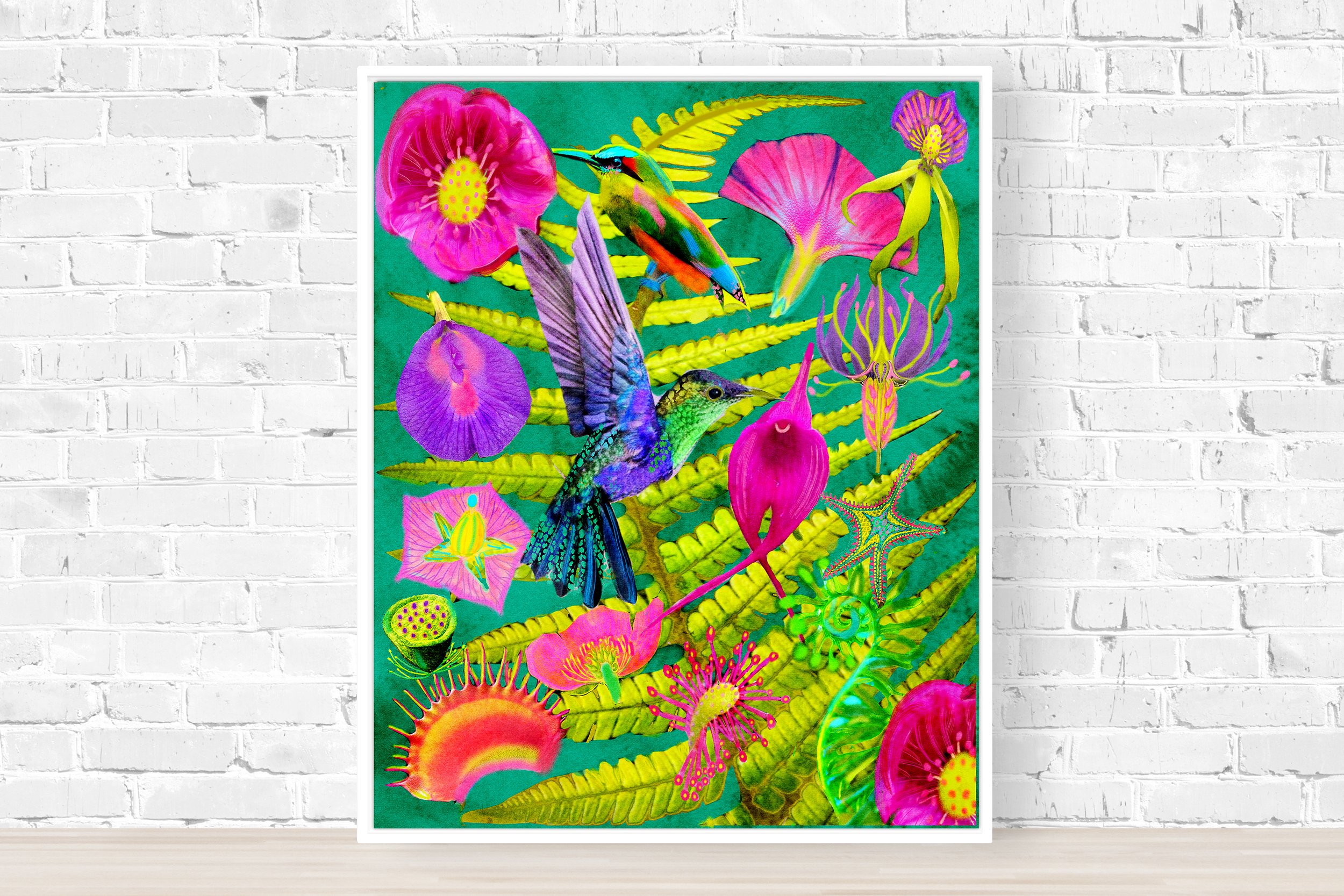 neon colors floral and bird art poster, vivid colours abstract flower art