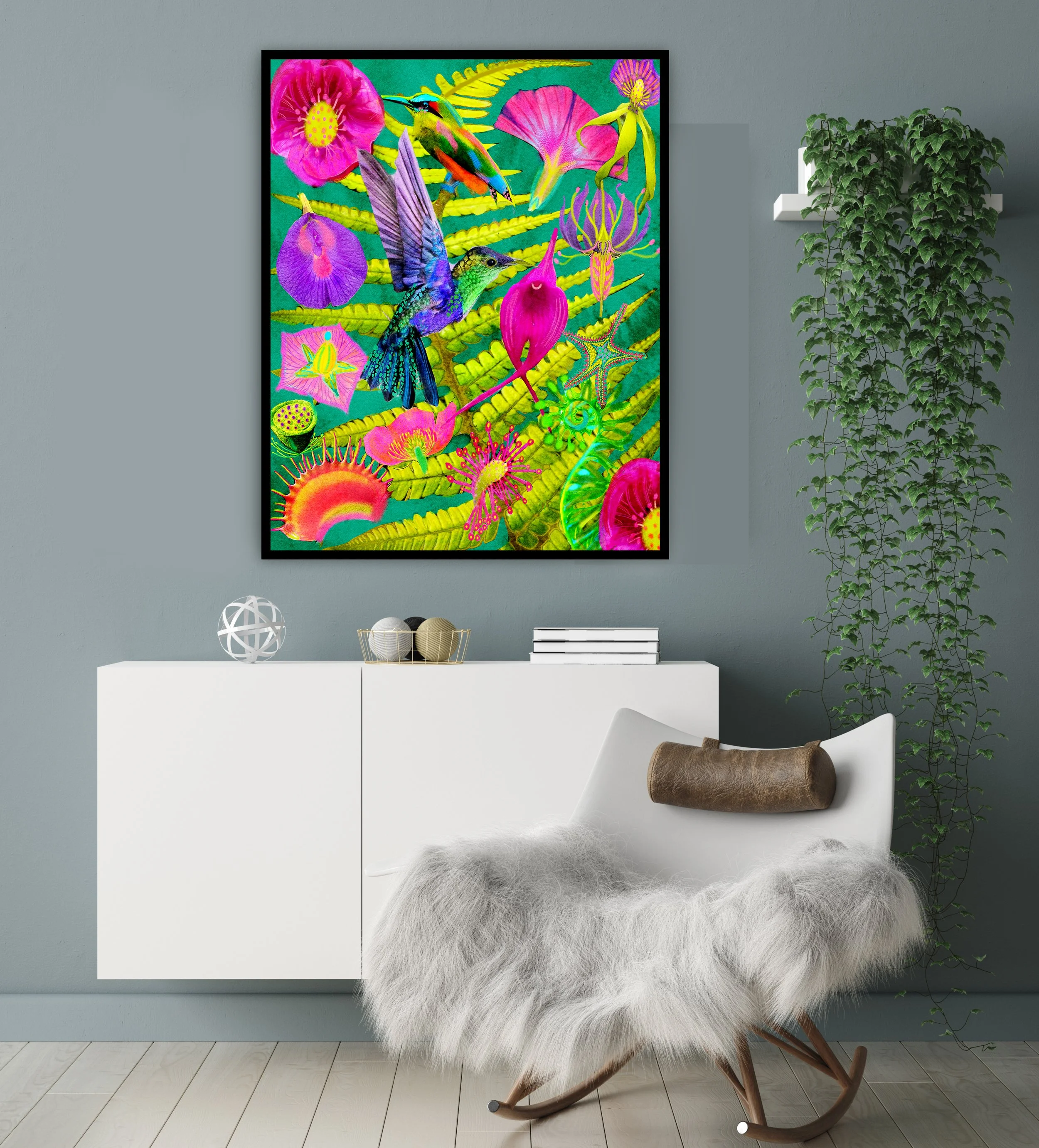 bright colors birds and flower watercolor painting for sale
