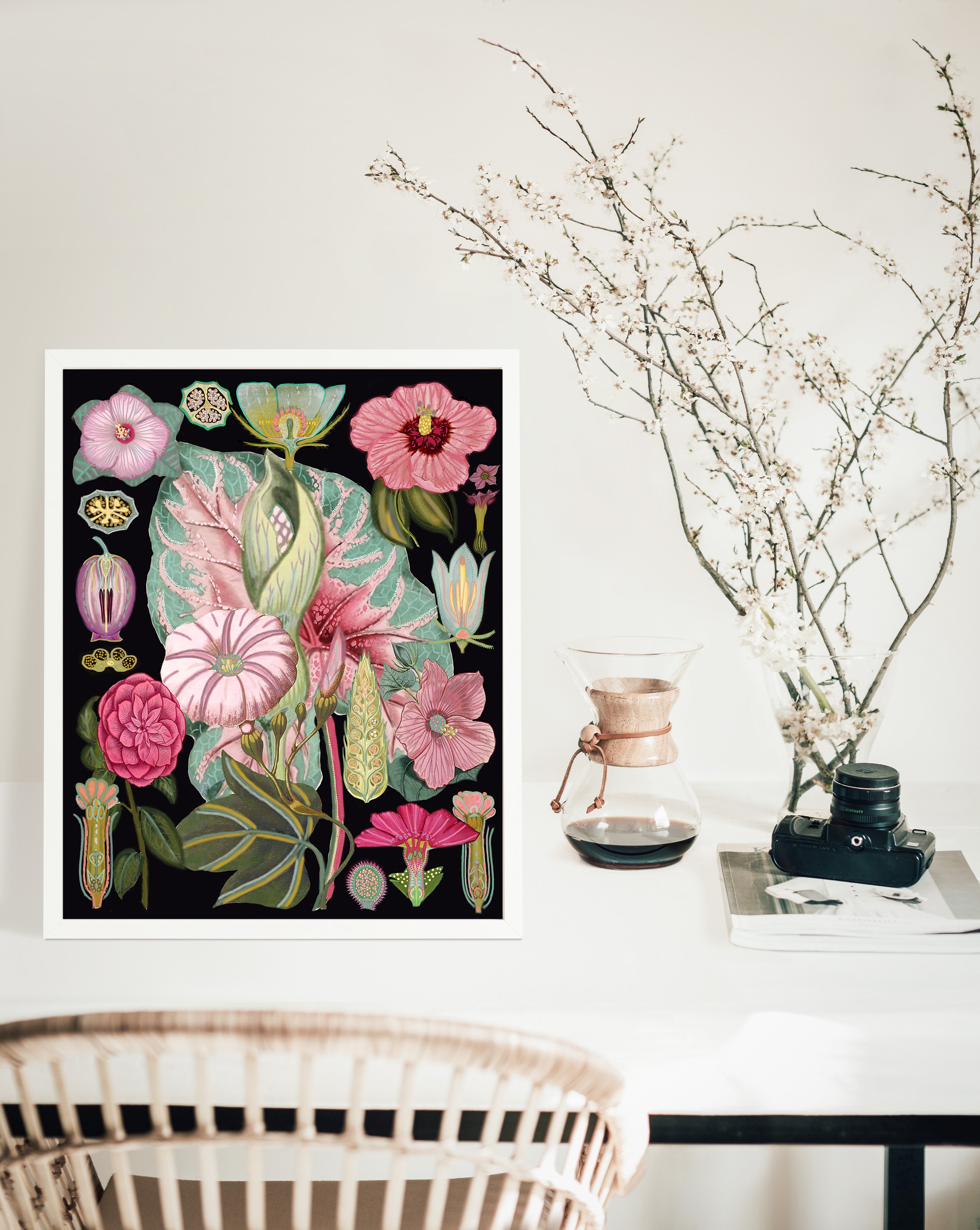 pink floral office poster - pink and black flower office wall decor