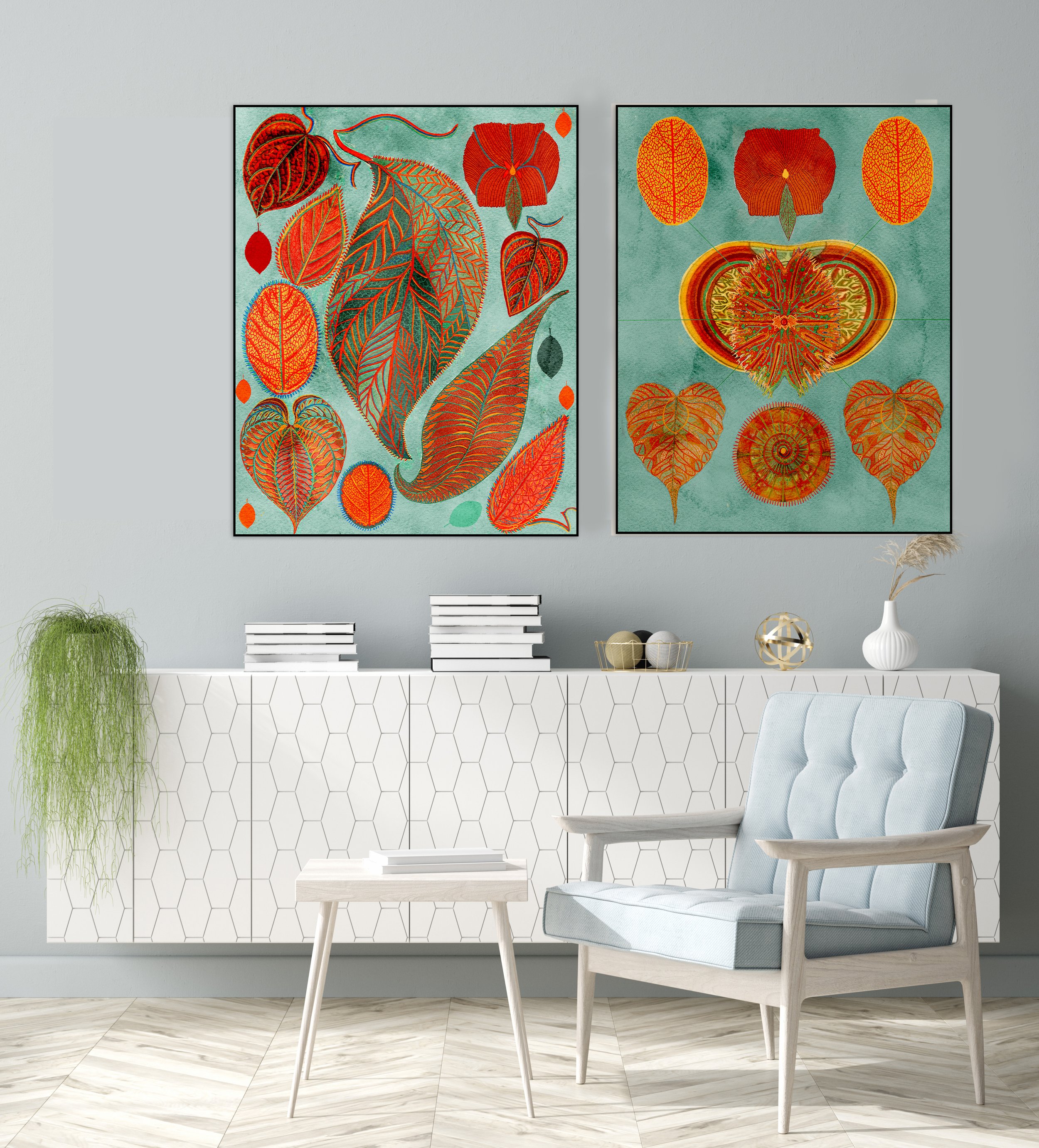 Original nature art for art collectors - blue modern botanical print set - abstract leaf art prints