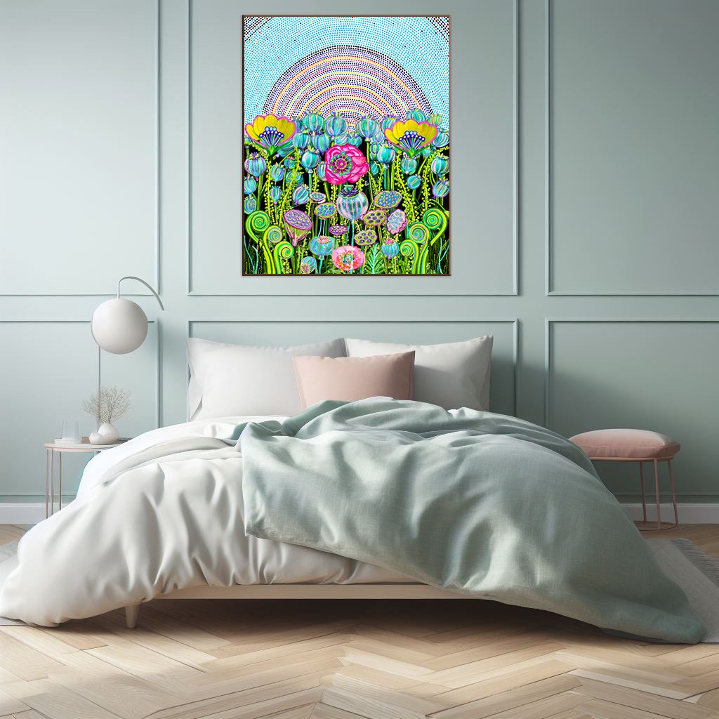 large rainbow painting for bedroom - blue poppy art for sale