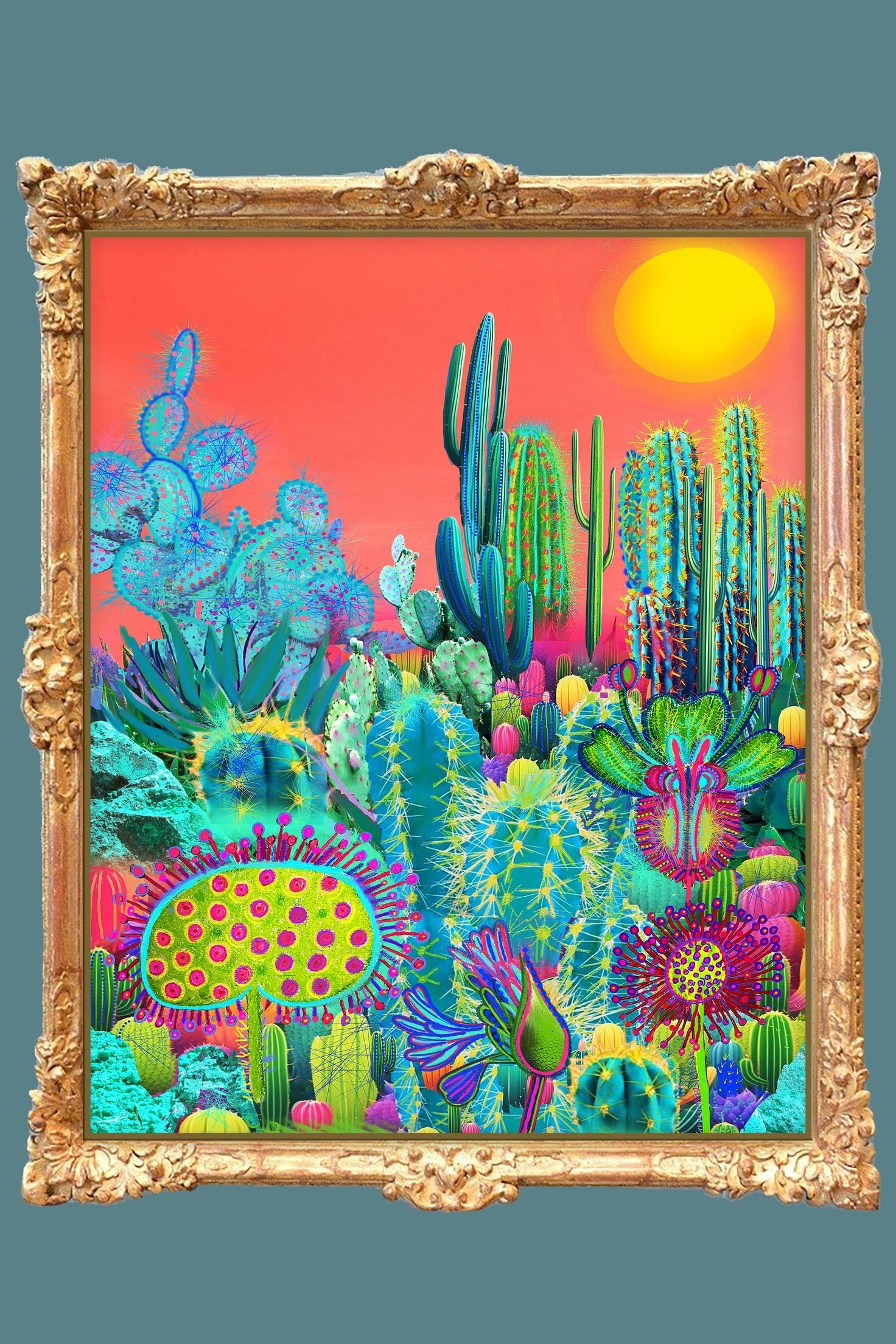 orange and blue cactus wall art