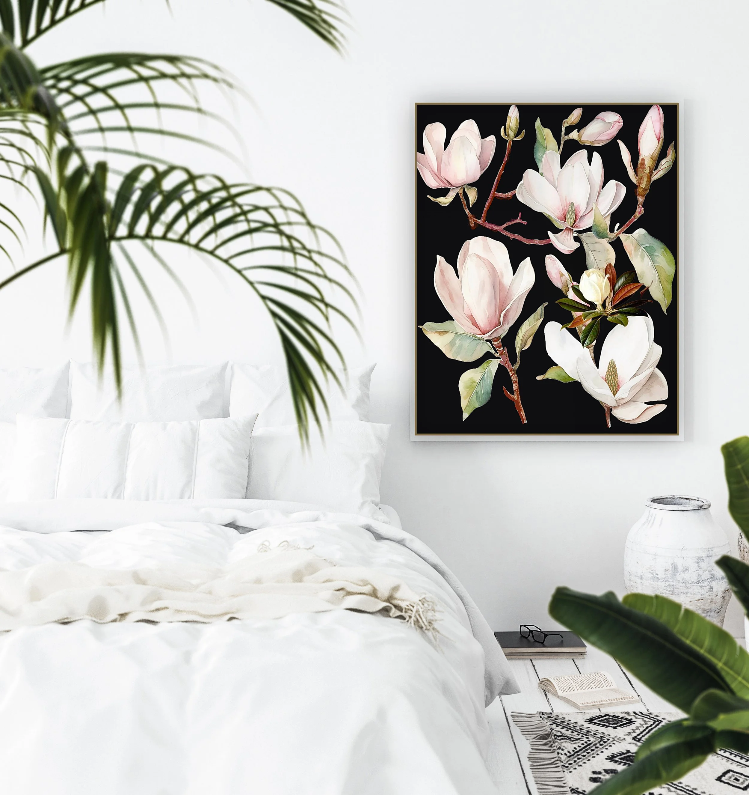 black and white floral, master bedroom art