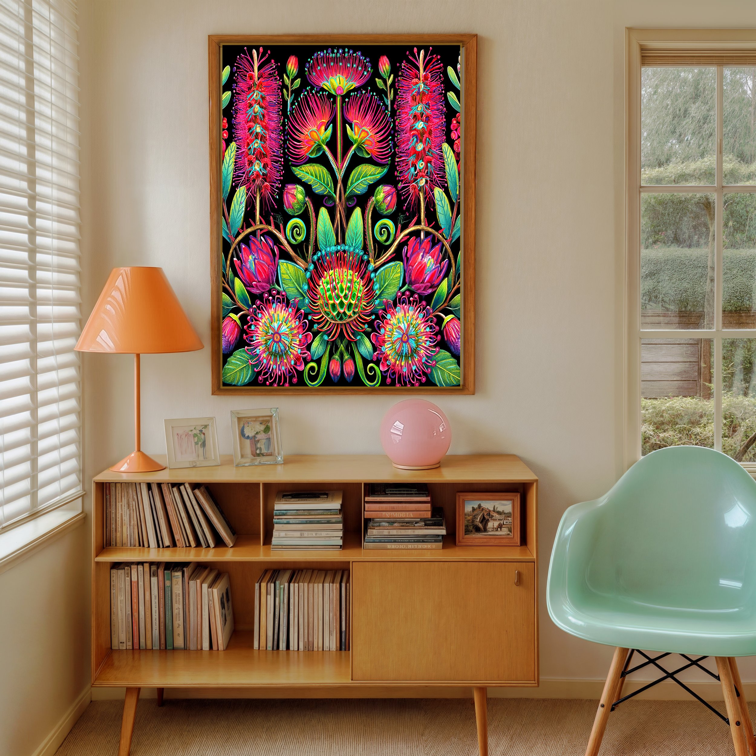 exotic floral art for colorful mid century modern home decor