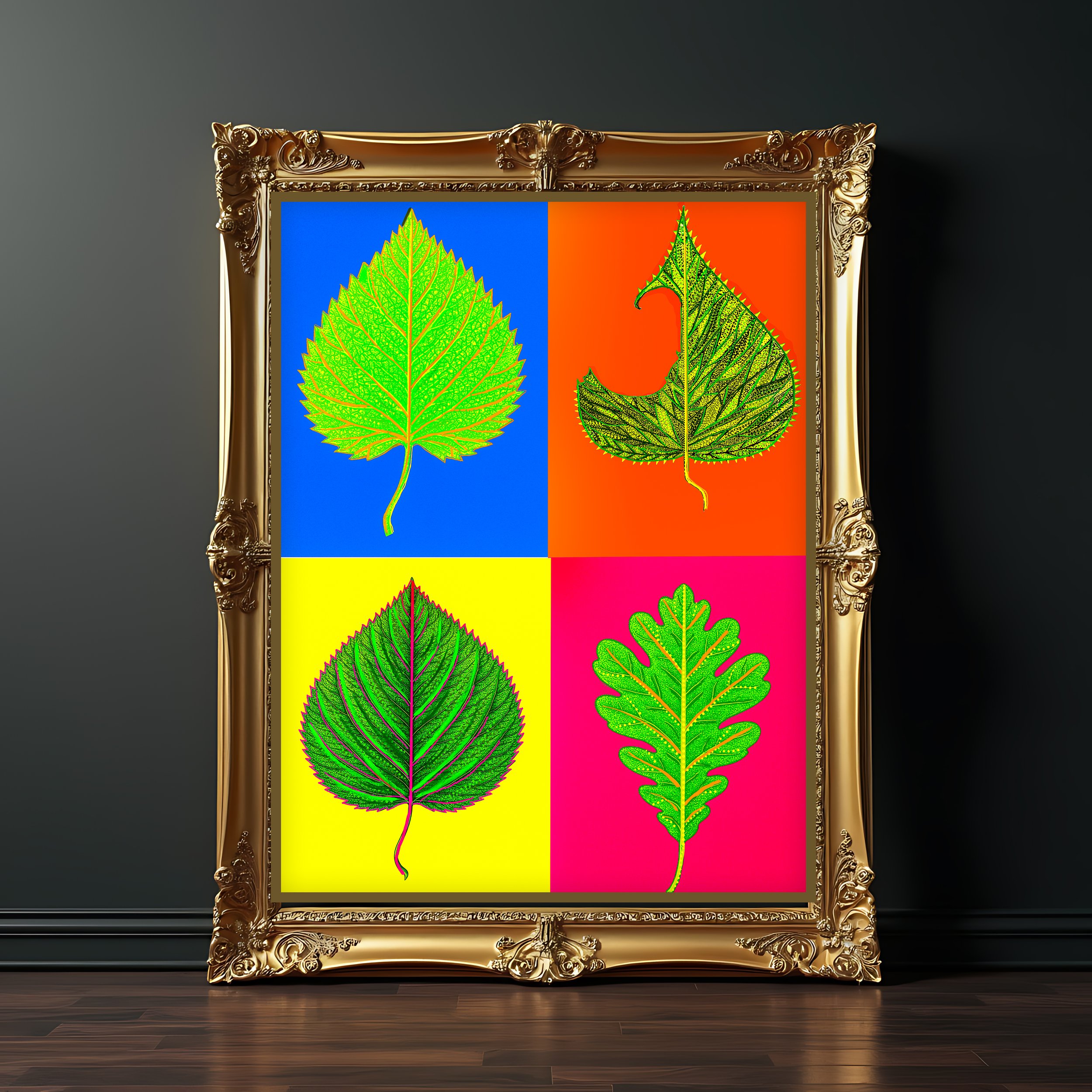 a-large-hyper-realistic-gold-frame-with-neon-pop-art-leaf-print