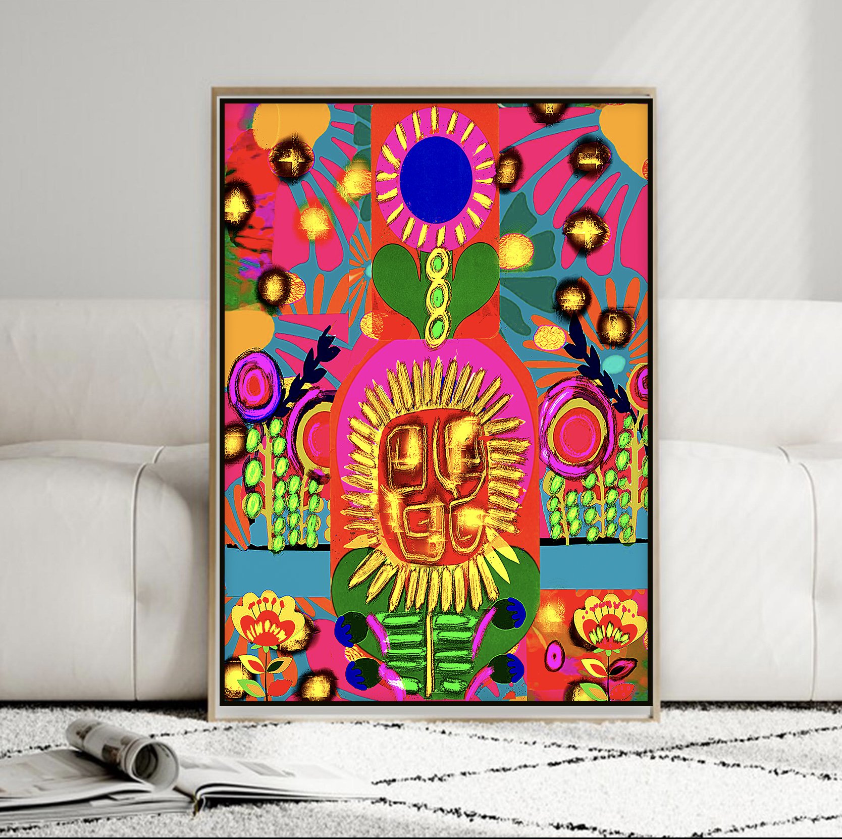 neon red yellow abstract flower poster - gold leaf print