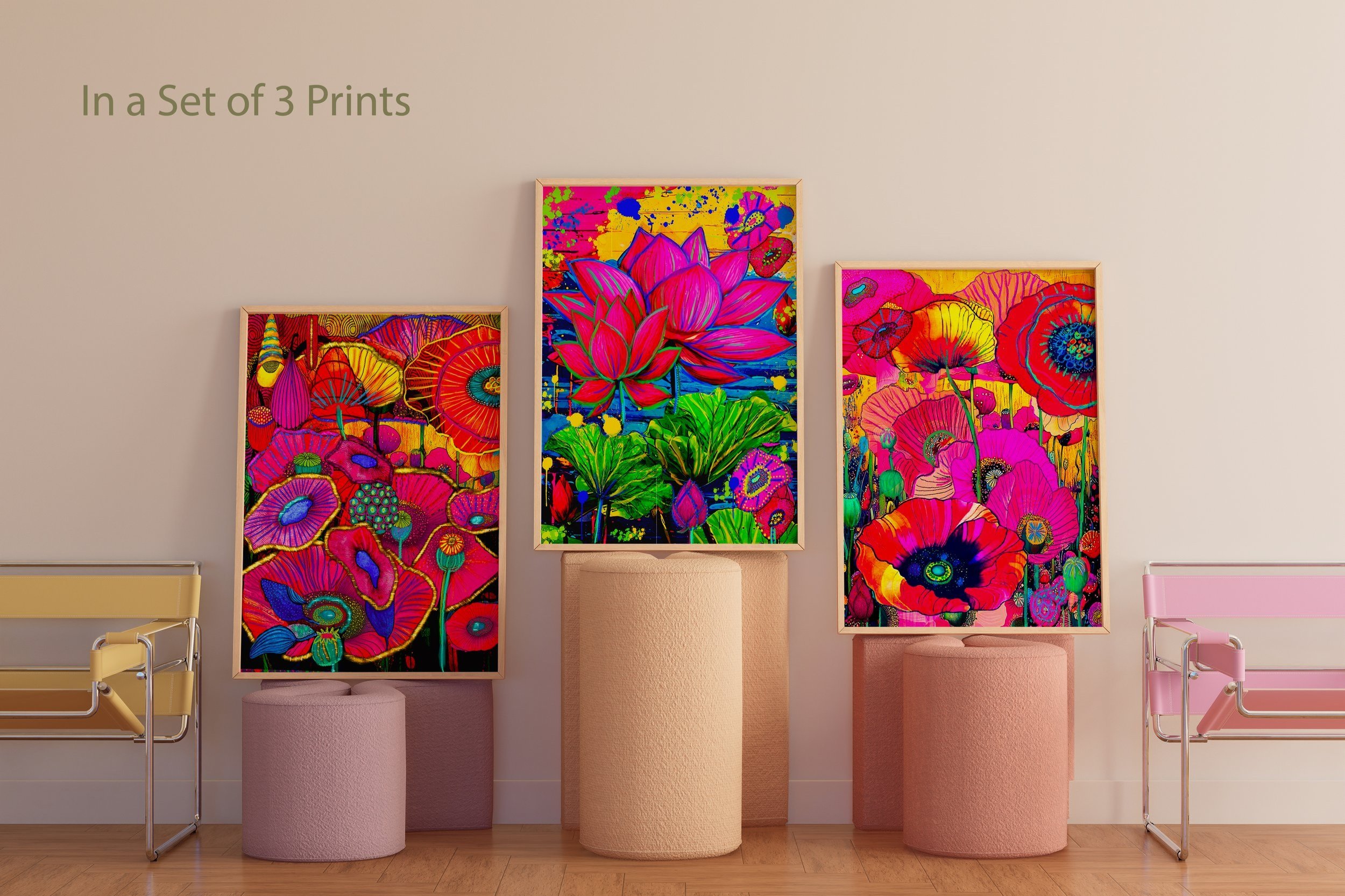 Joyful poppy print in dopamine decor space - Bold poppy art on gallery wall