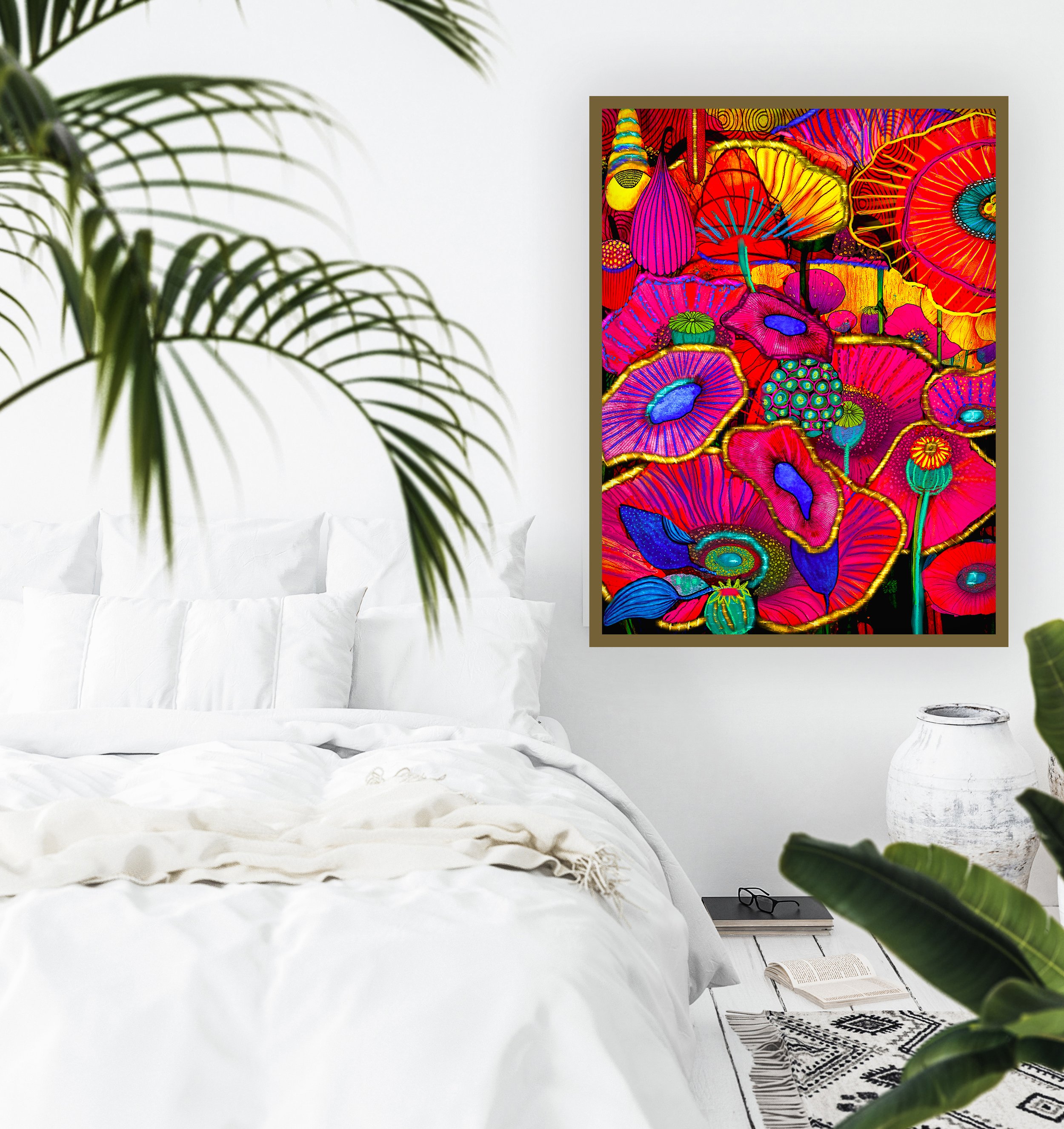 Trippy floral pop art in stylish bedroom