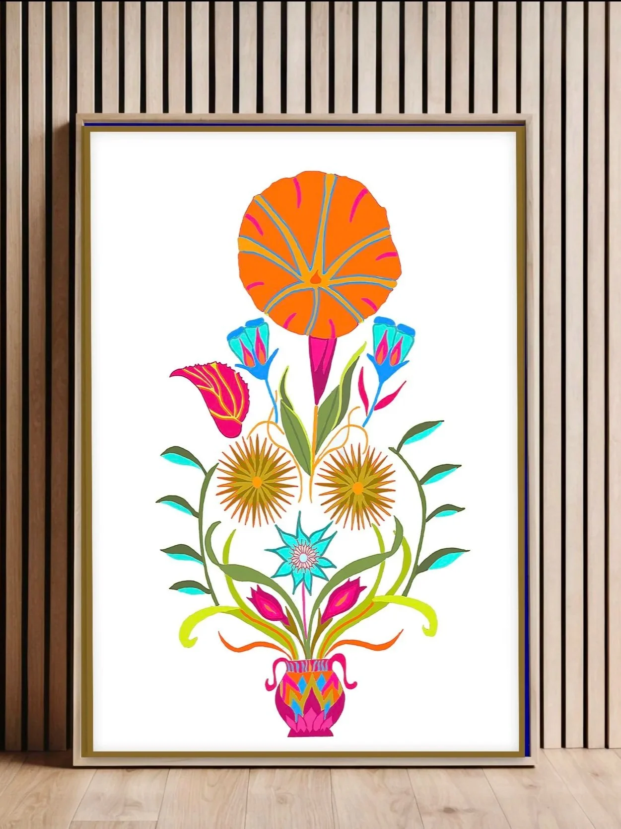 "Gem" Vivid Orange Whimsical Garden Art / Morning Glory Folk Art Flowers Art Print
