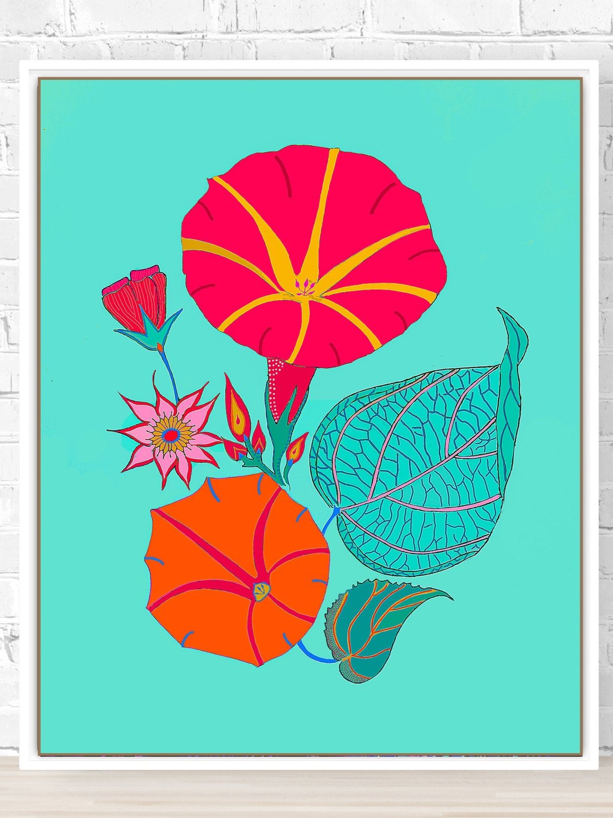 "Whirlwind" Turquoise, Hot Pink & Orange Graphic Flower Wall Art | Vibrant Retro Botanical Art Print