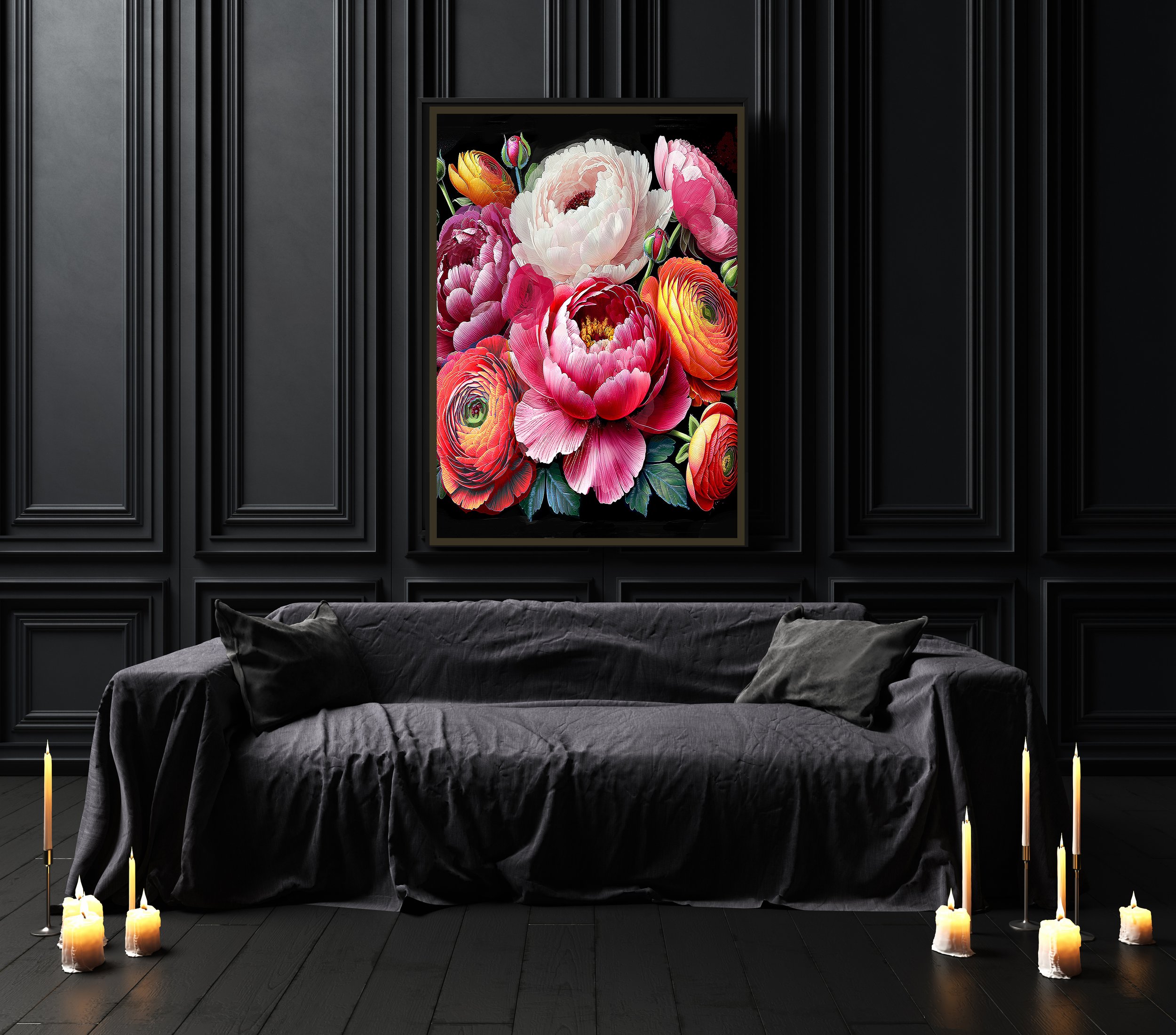 dark botanical prints - vibrant peonies fine art for sale