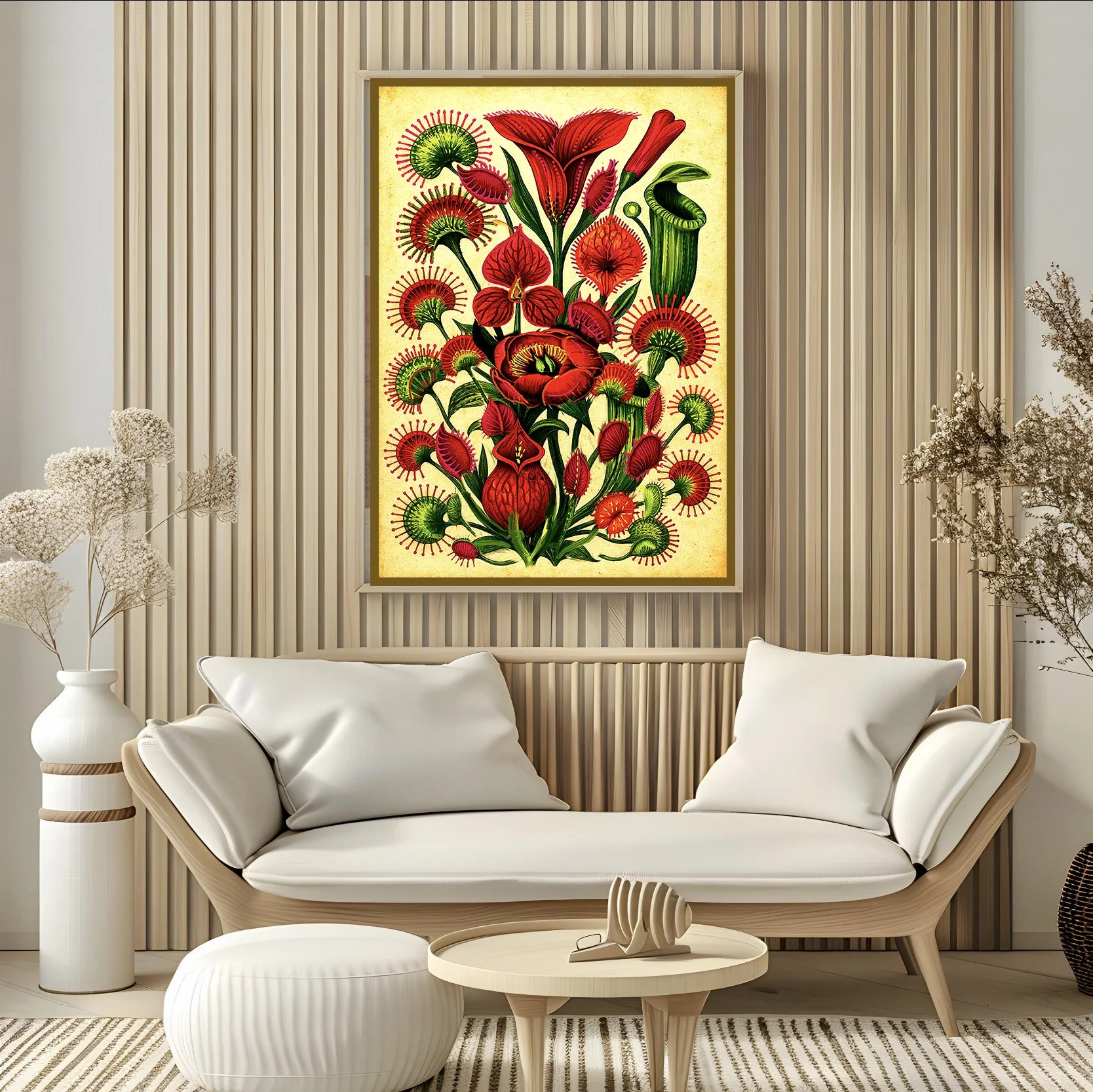 contemporary modern living room in light wood tones-with--carnivorous-plant-artwork.jpg