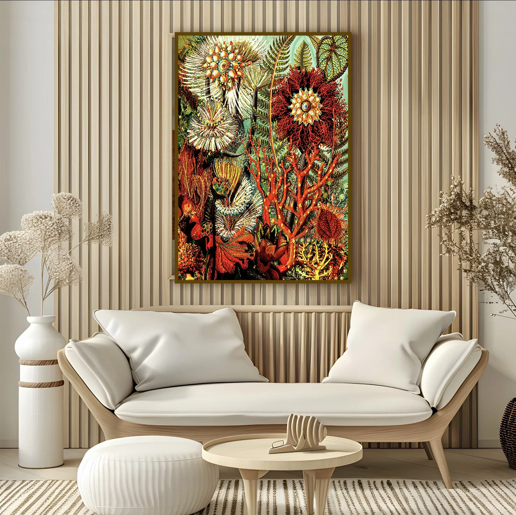 maximalist-botanical-coral-art - Minimalist Scandinavian interior featuring vivid contemporary coral botanical artwork above cream boucle seating.