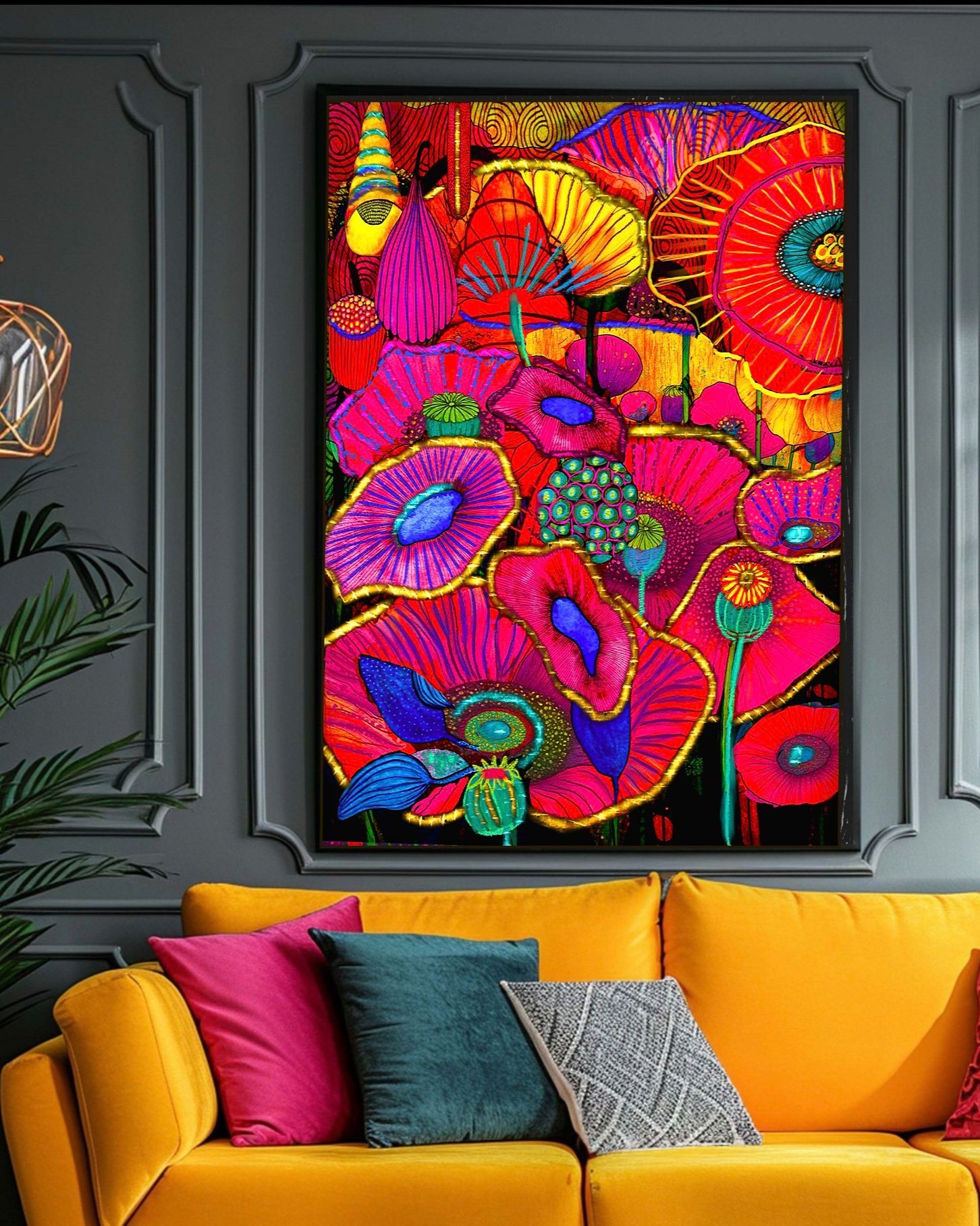 Psychedelic floral poster above couch
