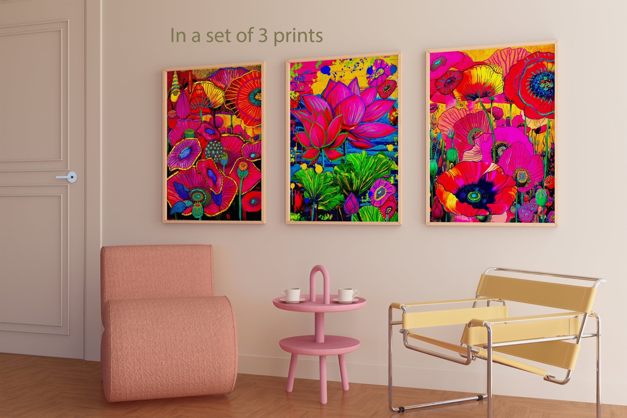Bold poppy art on gallery wall - Eclectic home decor with vivid botanical print