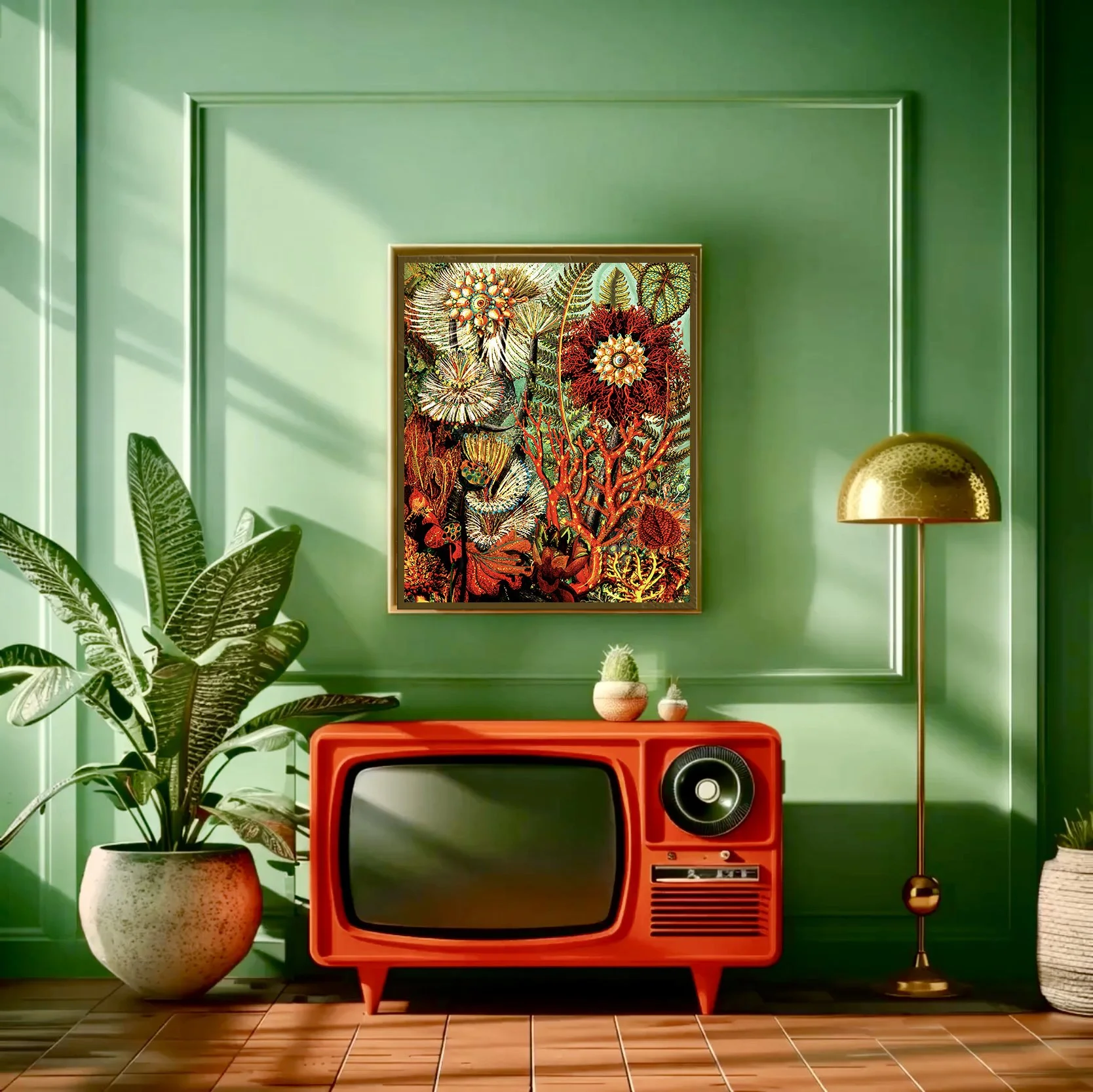 cool vintage original botanical artwork for collectors - Organic modern ocean-inspired artwork styled in green retro interior with vintage television and sculptural lighting.