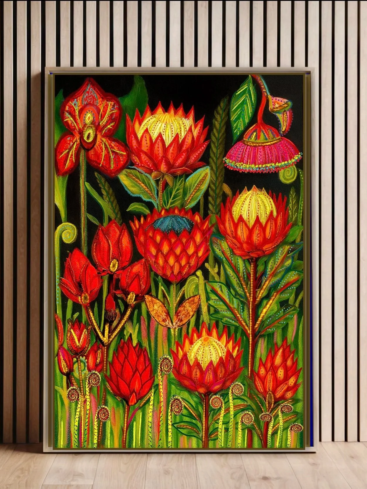 Neo Botanical Meadow in Crimson | Protea Art Print by Giovanna Nicolo | Botanical Art B Giyo