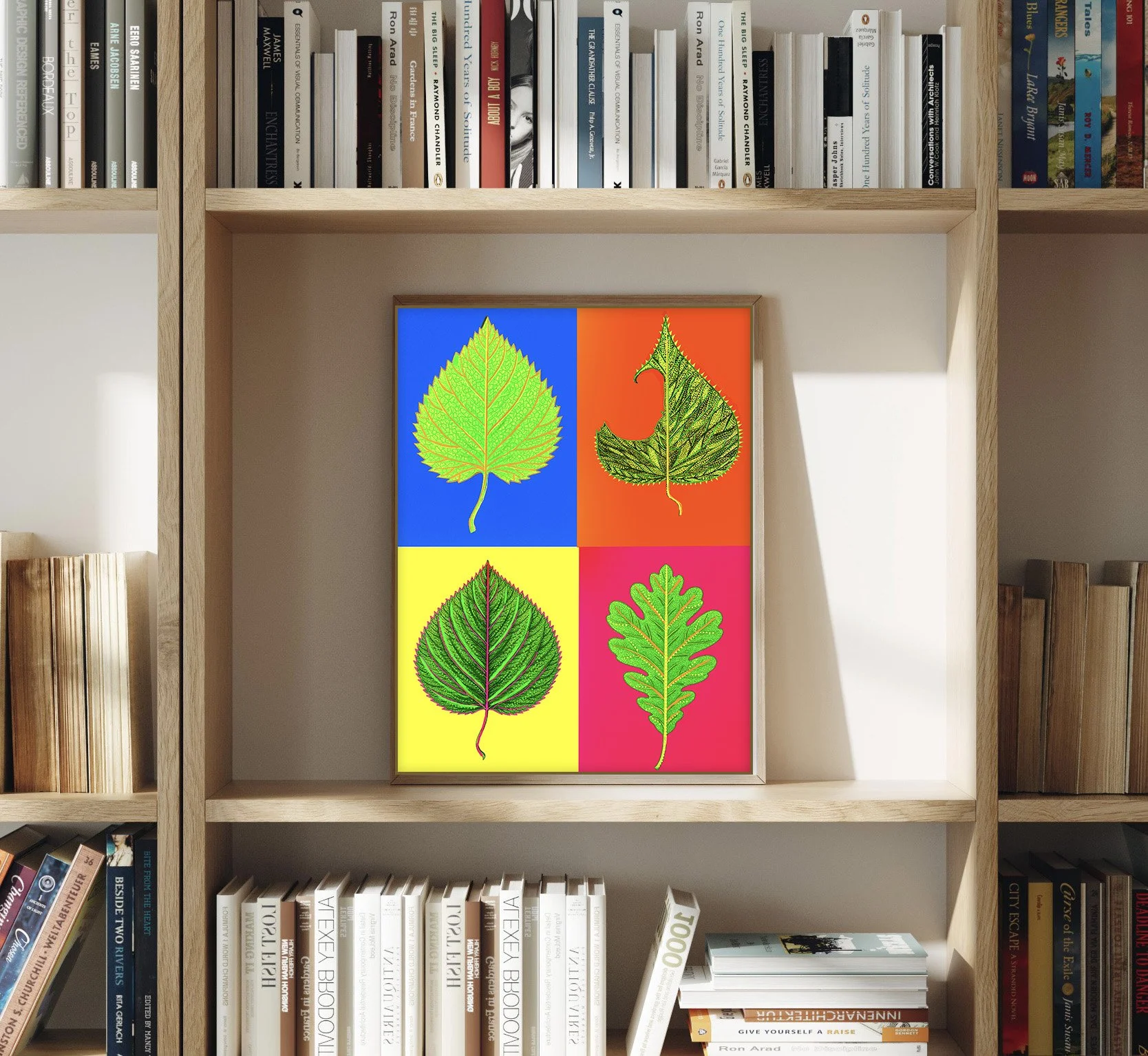bold-neon-colors-abstract-leaf-art-for-book-shelf-library-shelf-decor