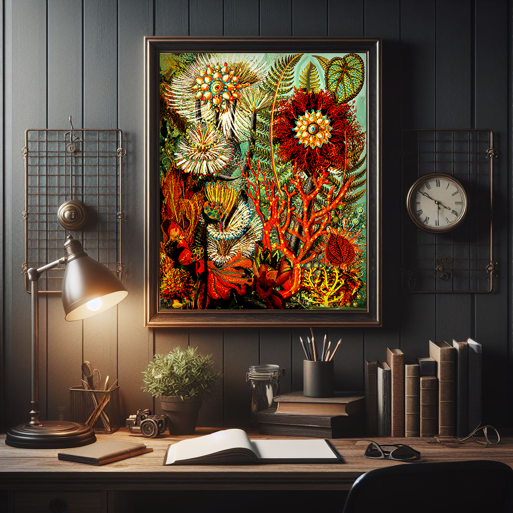 collector-botanical-wall-art - Collector-style botanical artwork displayed in moody luxury office with dark paneled walls and designer lighting.