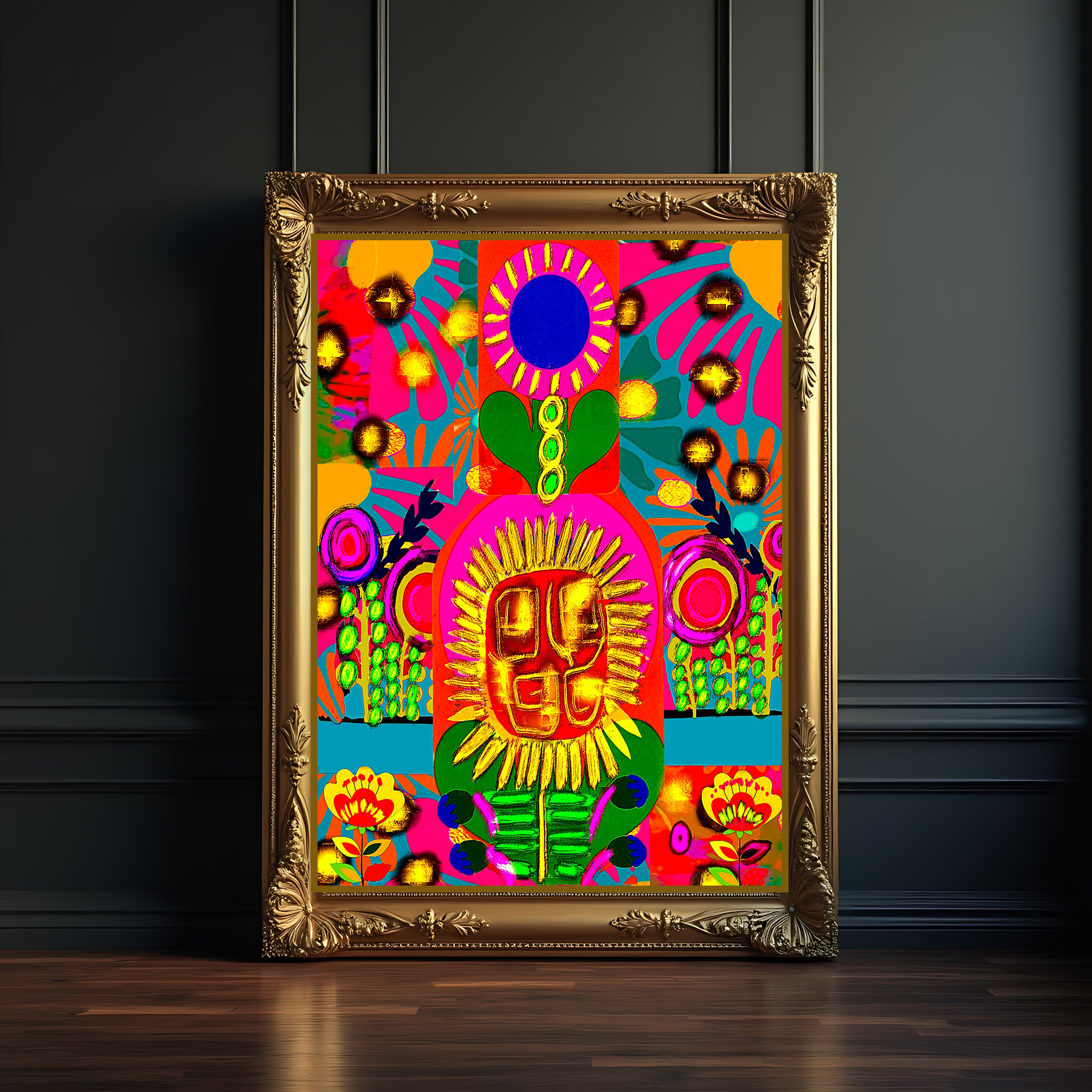 hot pink floral wall art for sale - naif flower painting with gold
