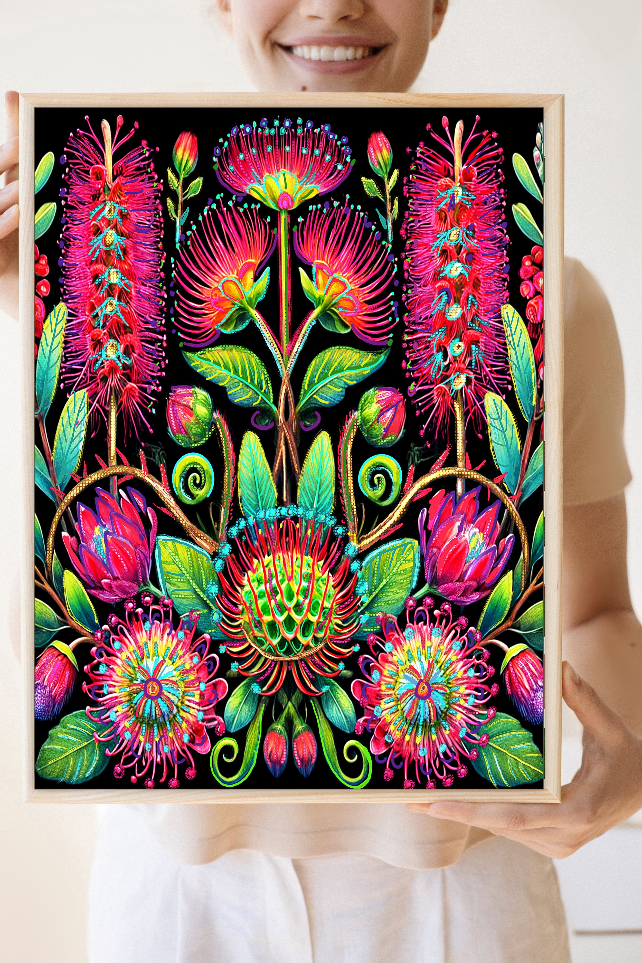 vibrant bottlebrush flower art print - hot pink botany painting