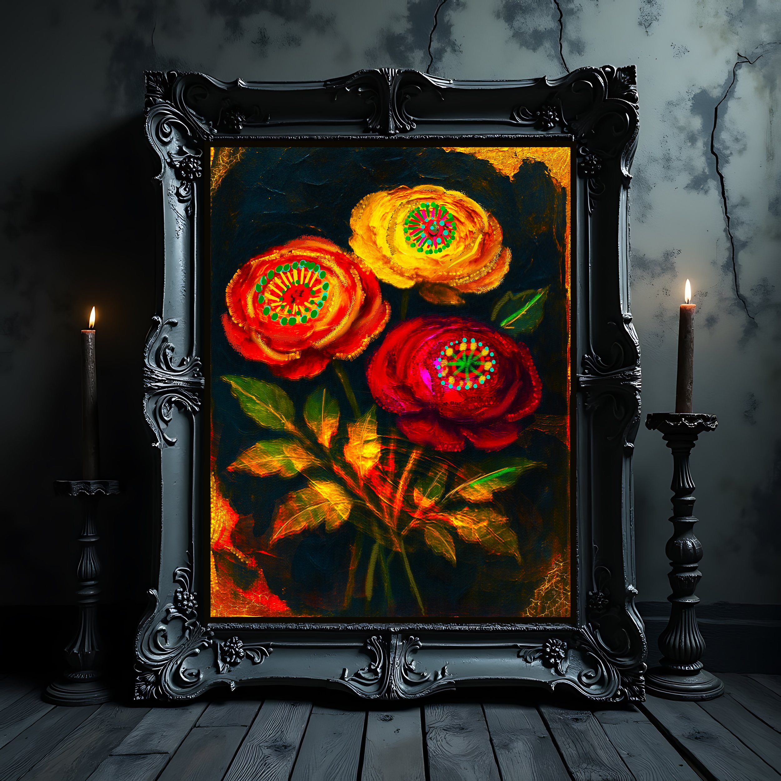 gothic bouquet flowers - gold and black posters