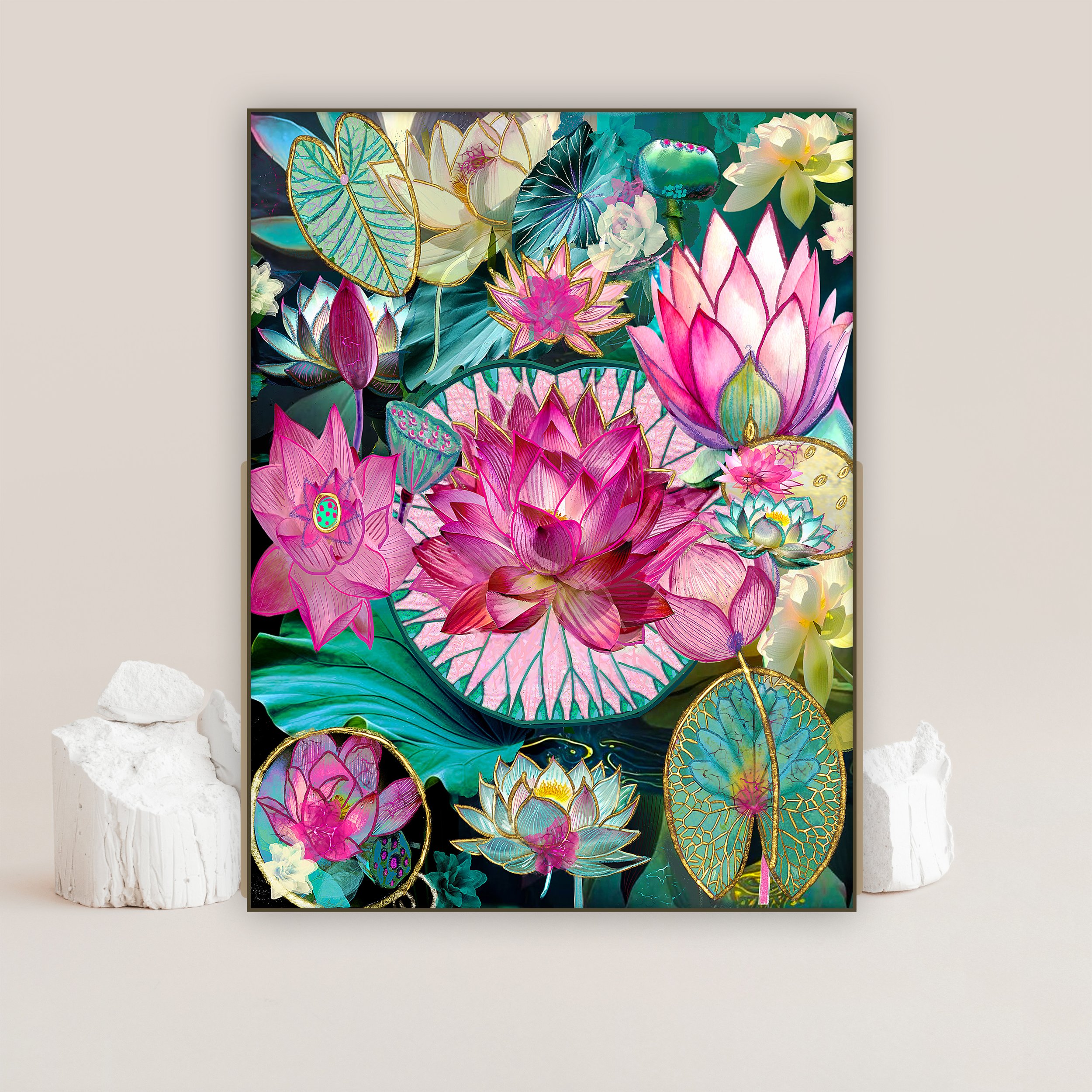 lotus leaves and flowers wall art for sale, pink and teal
