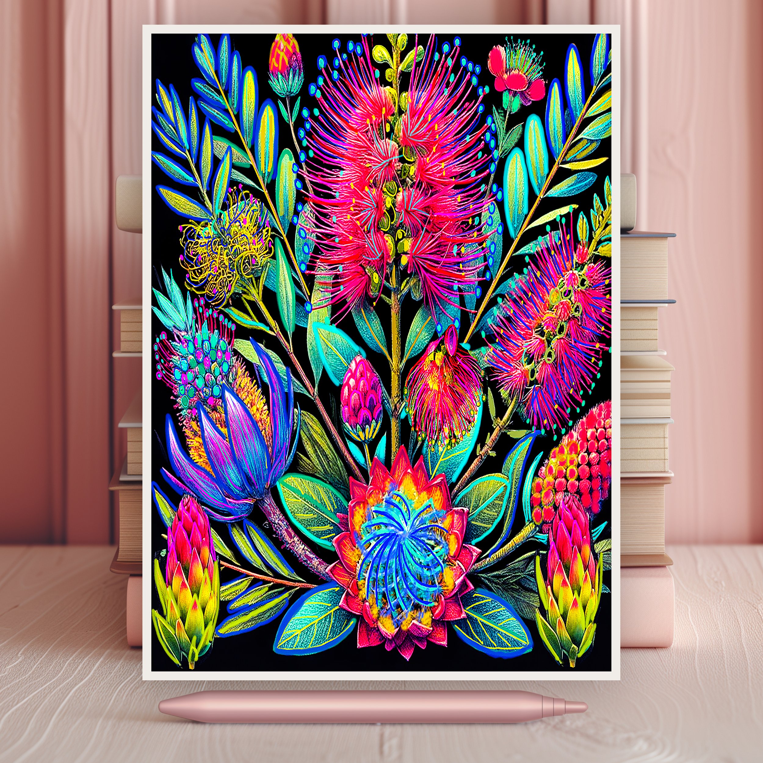 bottlebrush flowers painting - vibrant art for bookshelf