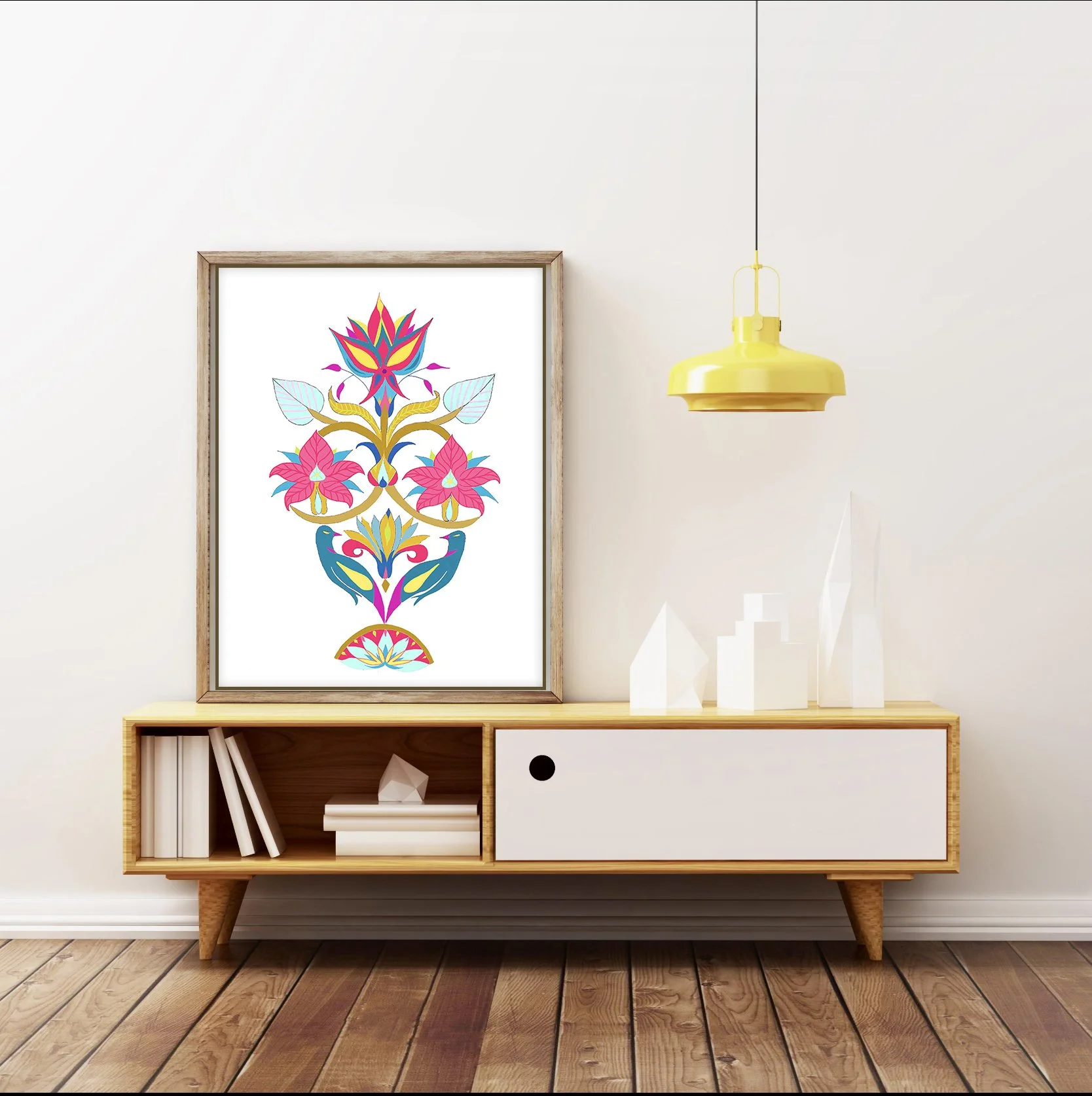 abstract-colorful-pop-of-color-botanical-art.jpg-Colorful contemporary botanical wall art for modern interiors. VIBRANCE combines folk floral motifs, birds and bold color for designer-led spaces.