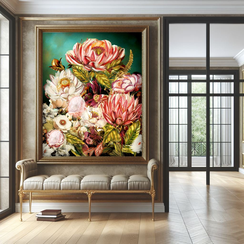 24x36 white flowers poster - burgundy floral print