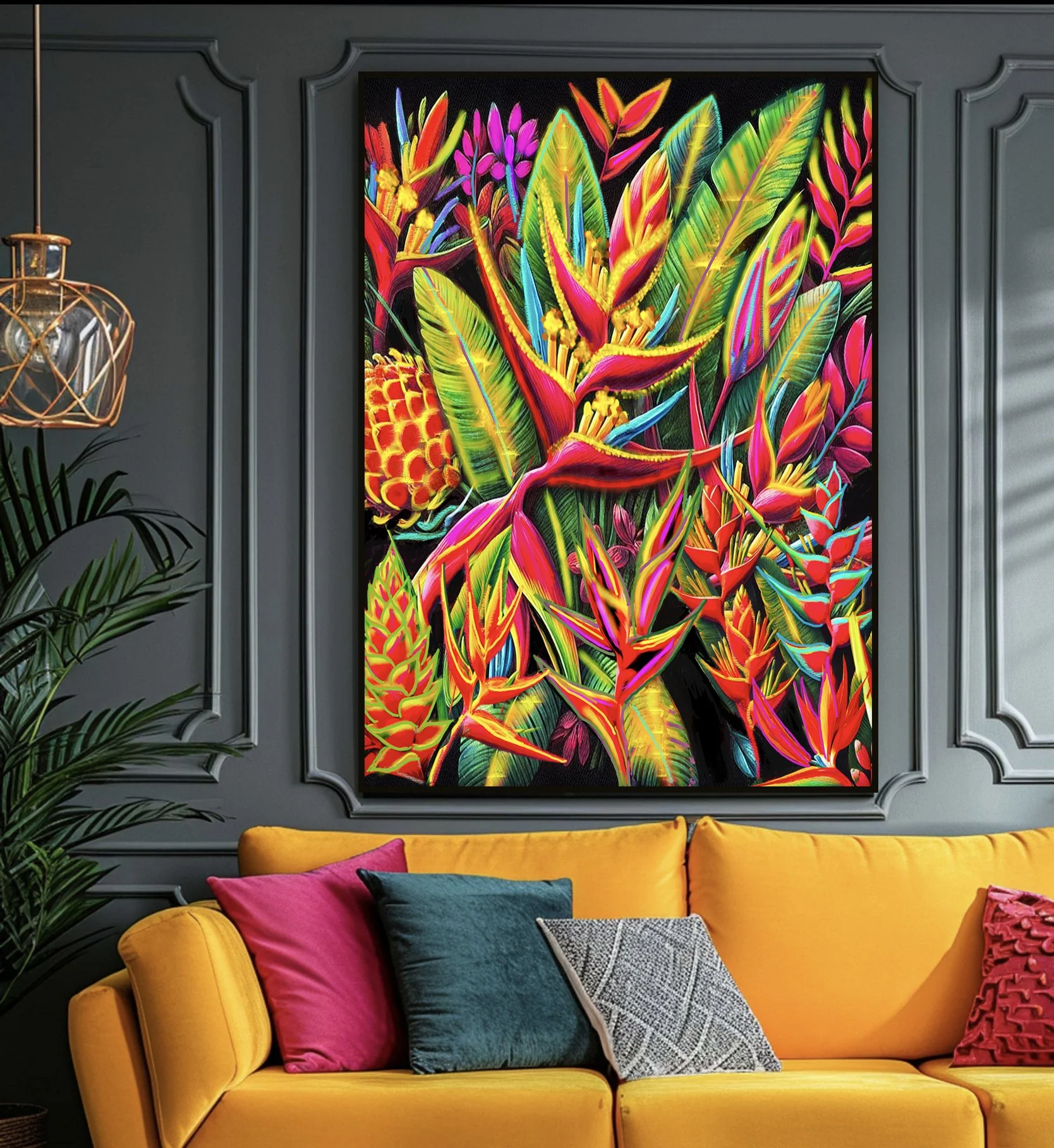 Neon jungle flower wall art in maximalist modern living room with bold color palette and tropical plant styling.