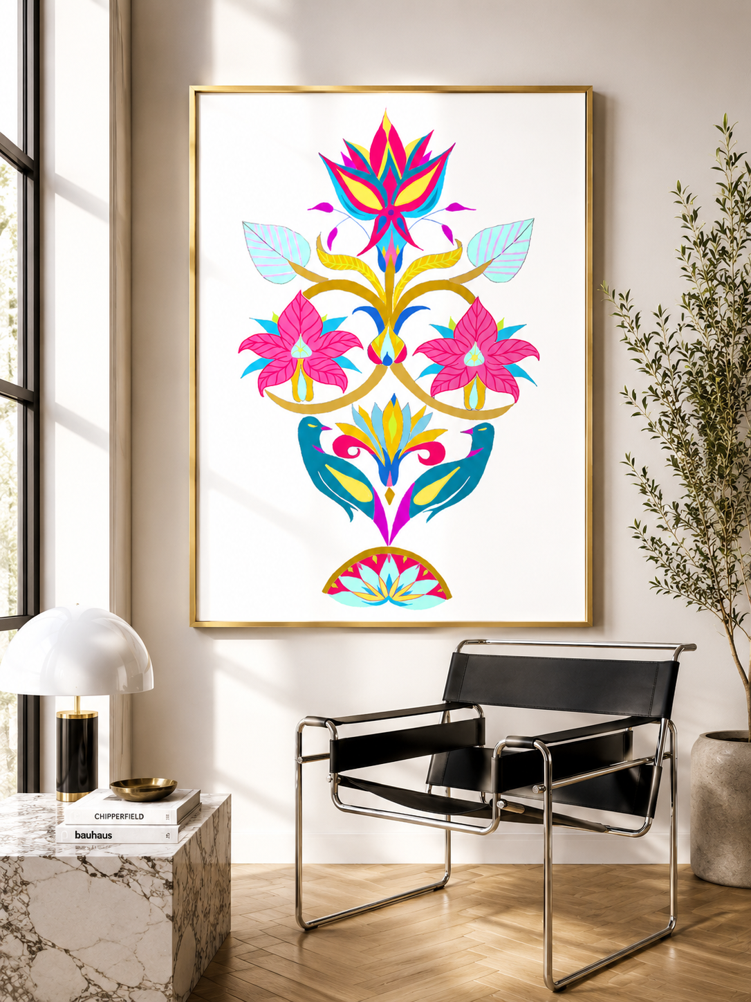Colorful contemporary botanical wall art for modern interiors. VIBRANCE combines folk floral motifs, birds and bold color for designer-led spaces.