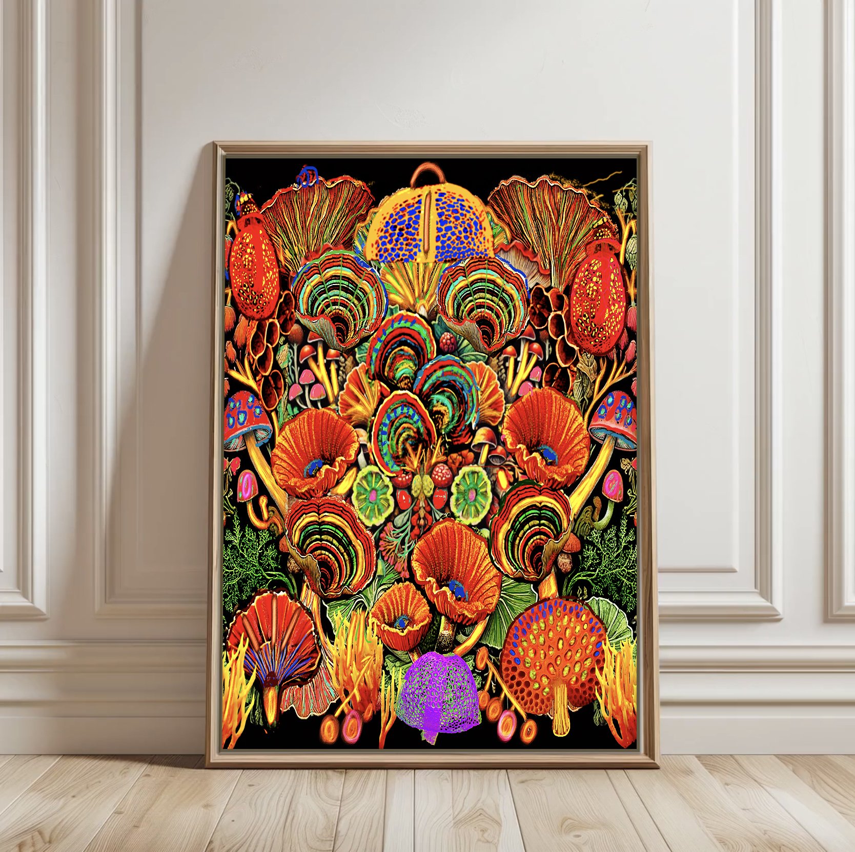 cottage core mushrooms on black background- shop mushroom art